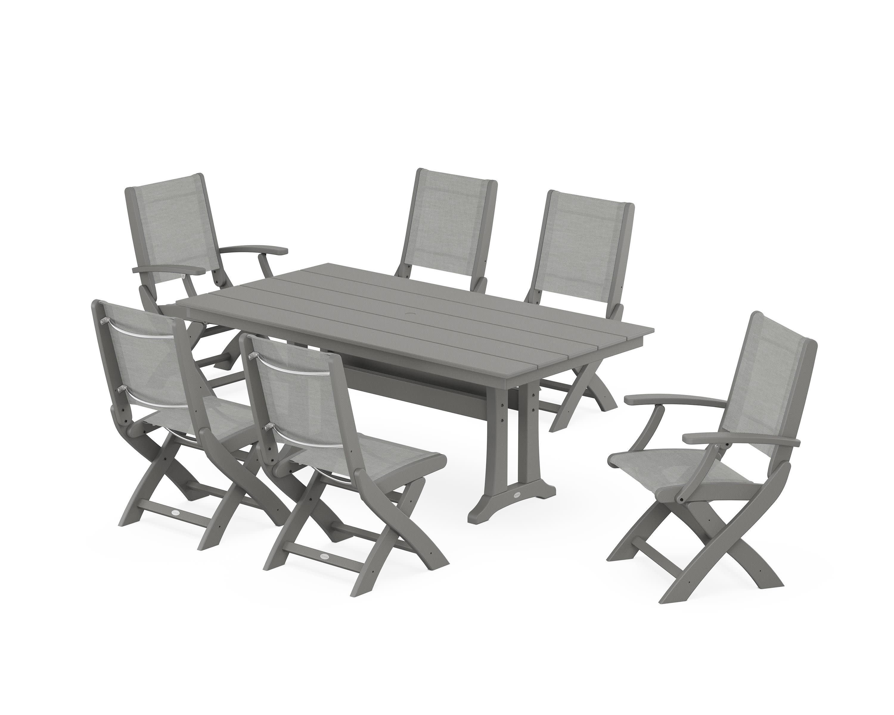 Coastal Folding Chair 7-Piece Farmhouse Dining Set with Trestle Legs in Slate Grey / Metallic Sling
