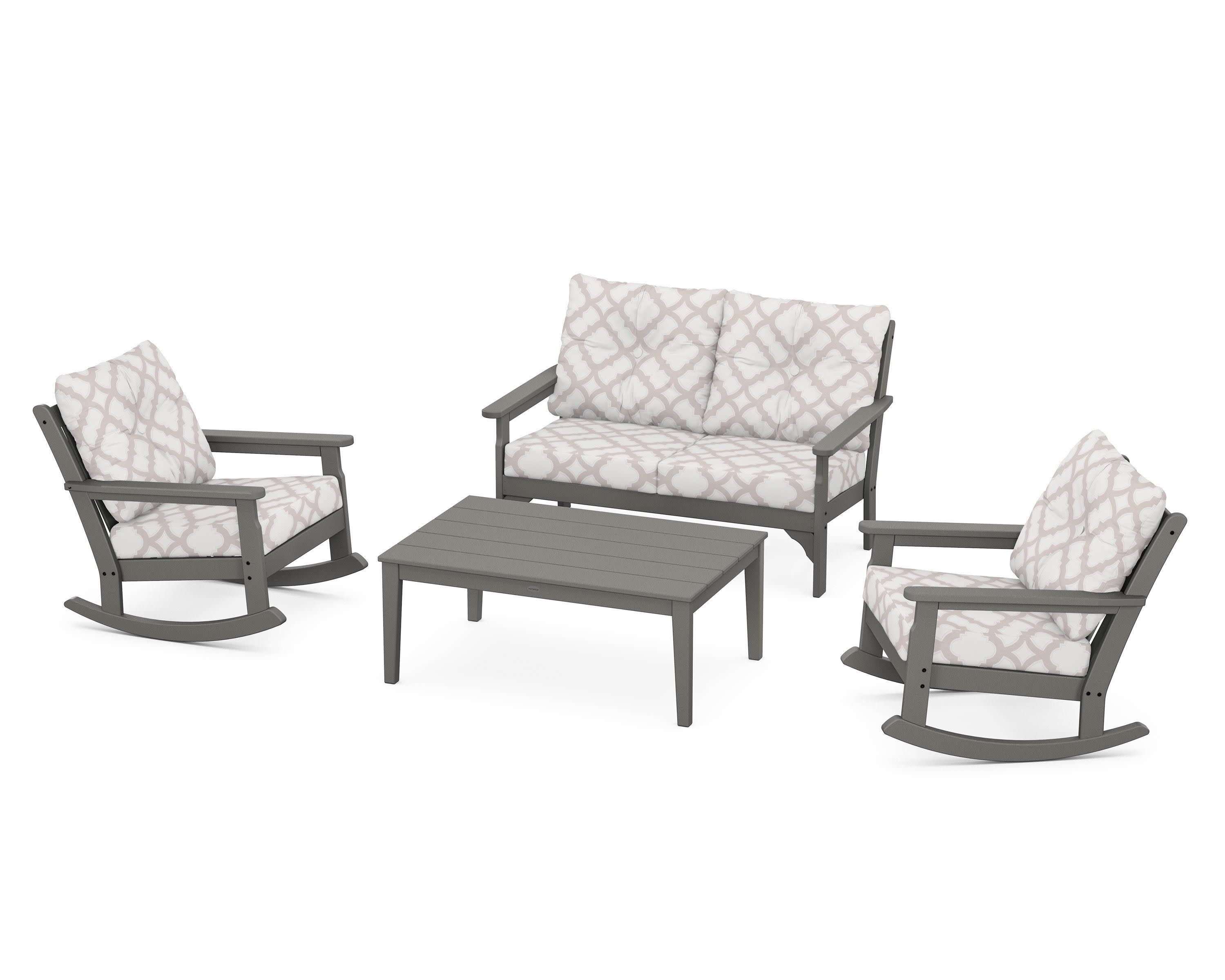 Vineyard 4-Piece Deep Seating Rocking Chair Set in Slate Grey / Trellis Dune Burlap