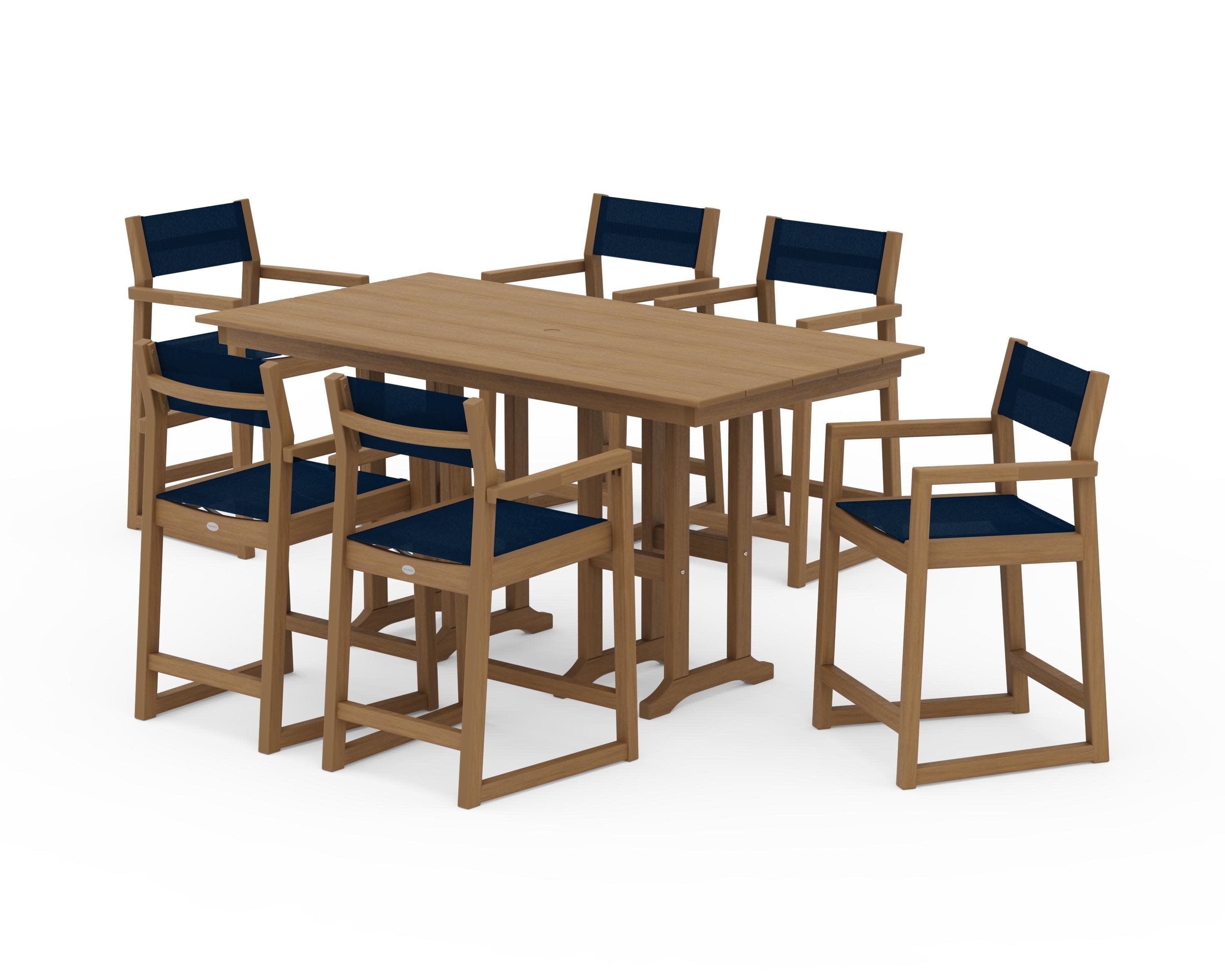 EDGE Sling Arm Chair 7-Piece Farmhouse Counter Set in Natural / Navy Blue Sling