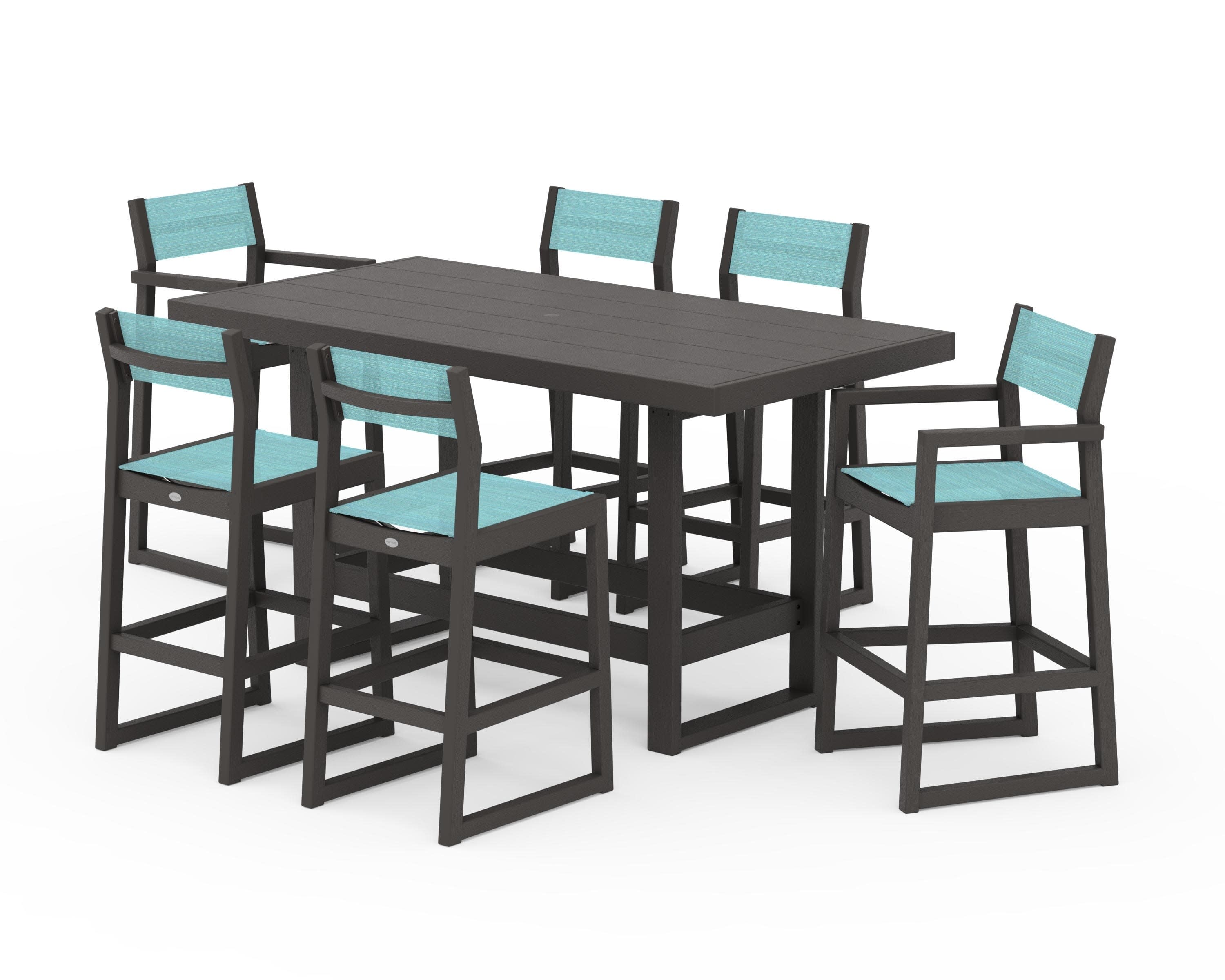 EDGE Sling 7-Piece Bar Table Set in Vintage Coffee / Dupioni Aquamarine Sling