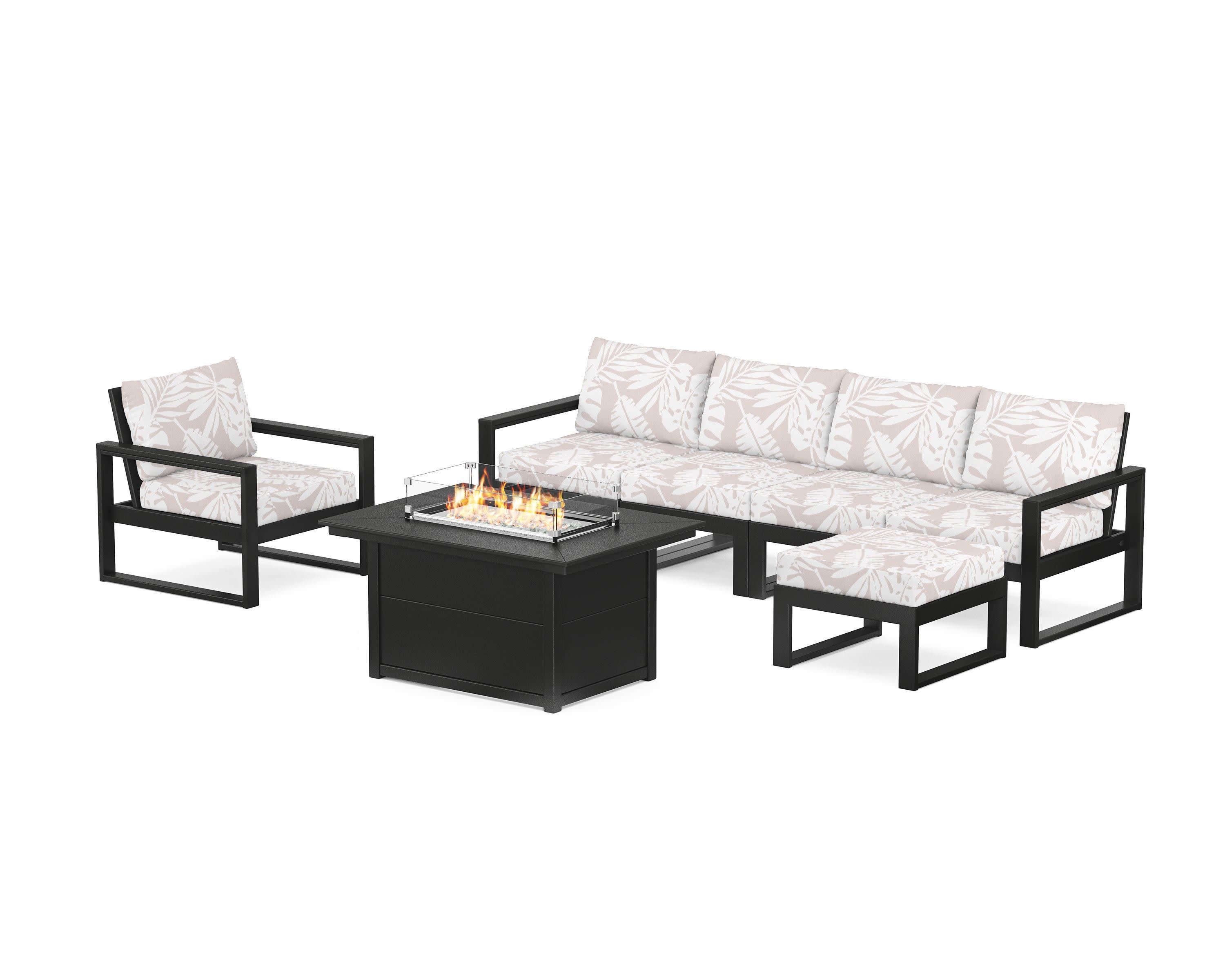 EDGE Sectional Lounge and Fire Pit Set in Black / Leaf Dune Burlap