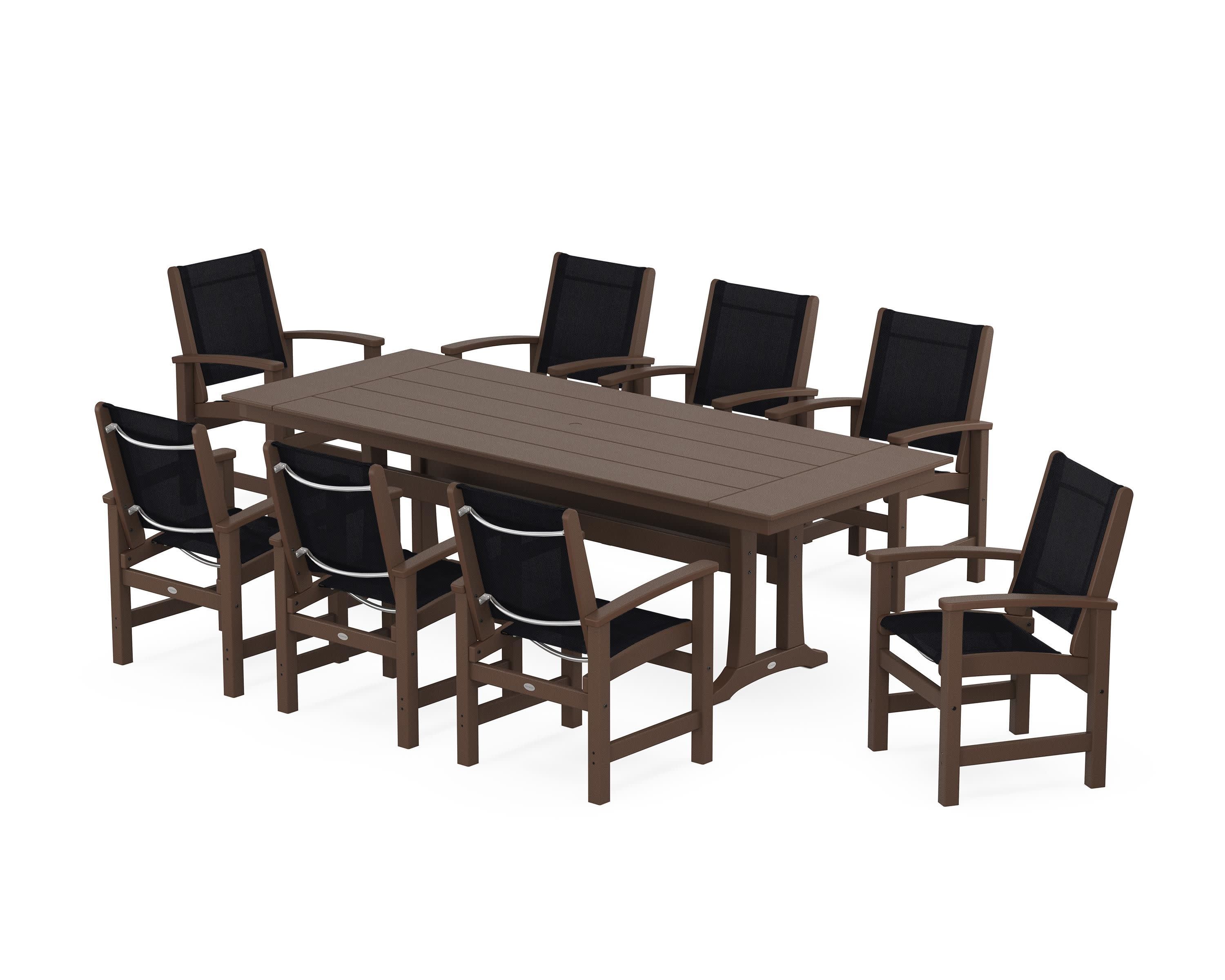 Coastal 9-Piece Farmhouse Dining Set with Trestle Legs in Mahogany / Black Sling
