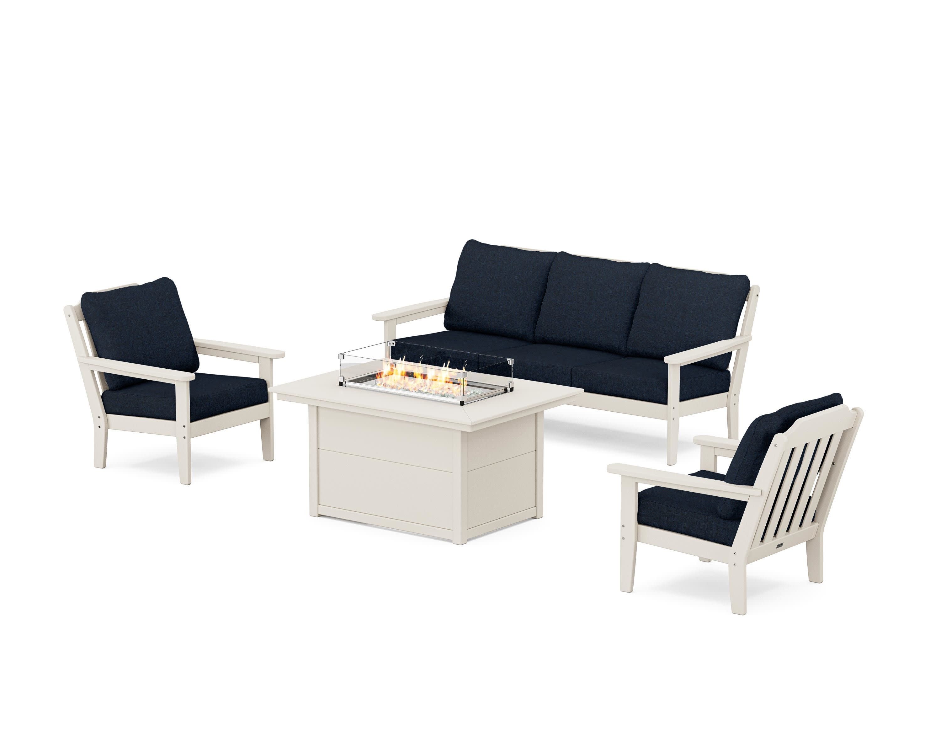 Cottage Deep Seating Fire Pit Table Set in Sand / Marine Indigo