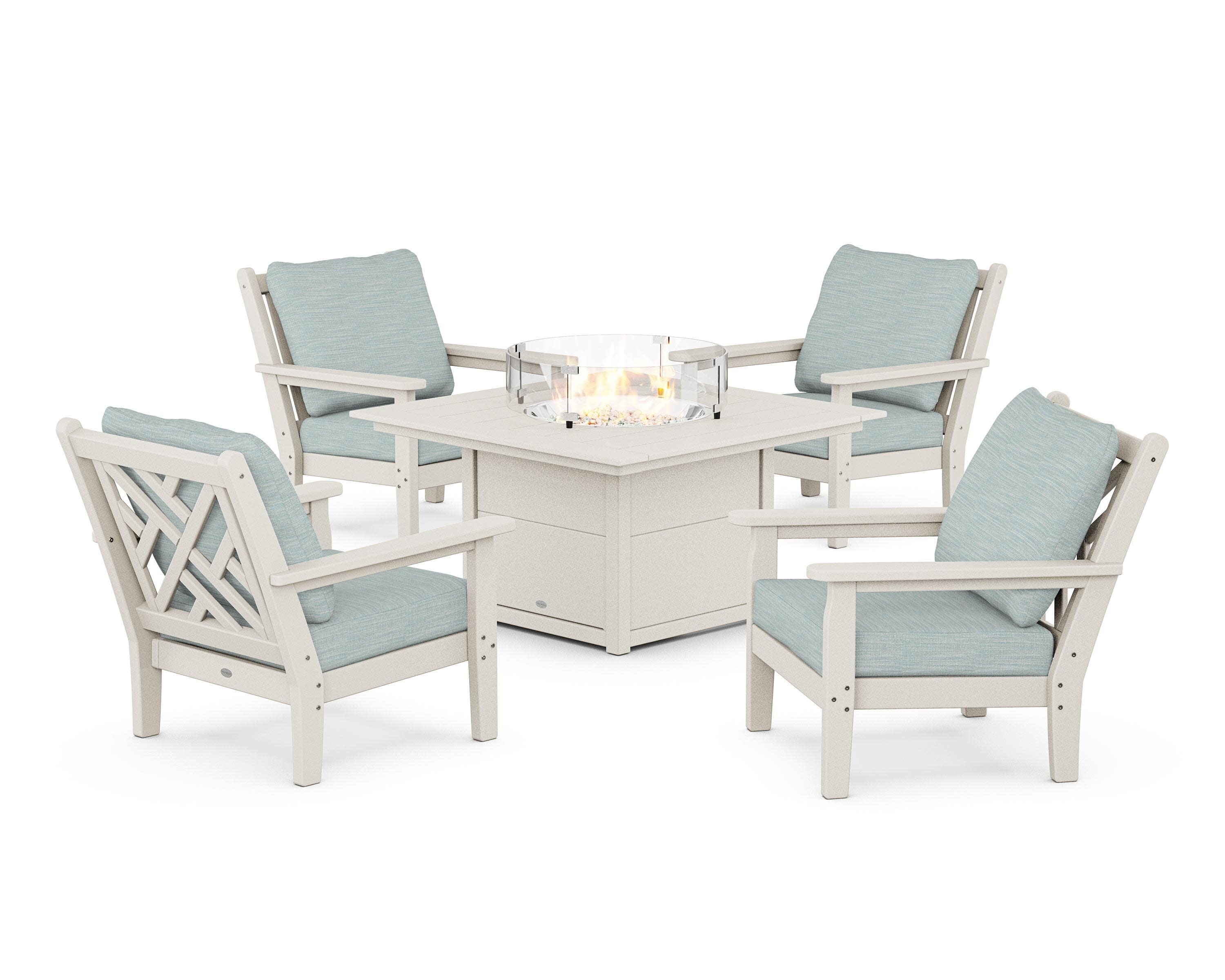 Chippendale 5-Piece Deep Seating Set with Fire Pit Table in Sand / Soothe Mist