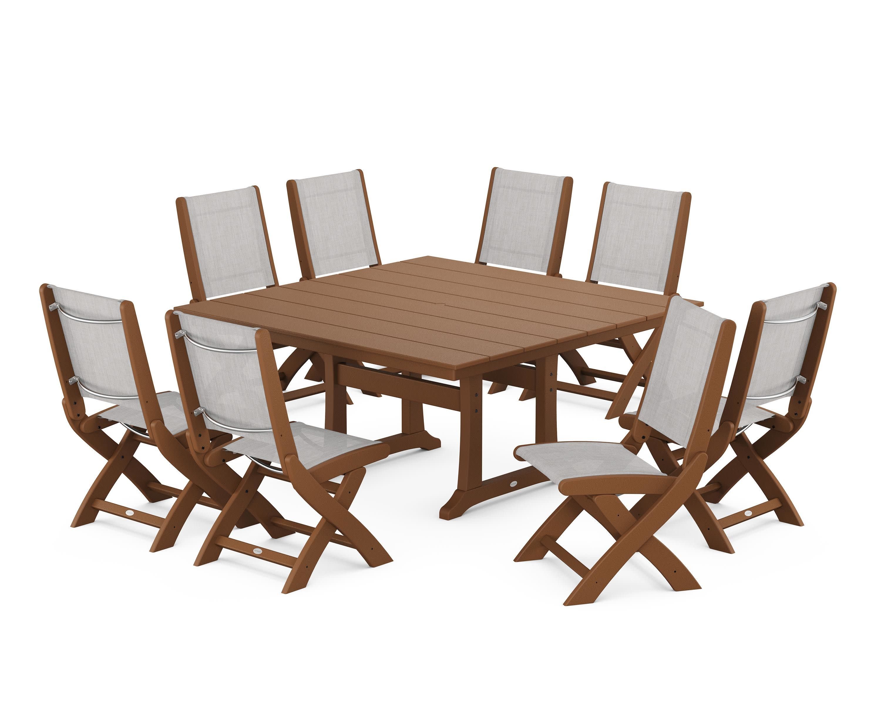 Coastal Folding Side Chair 9-Piece Farmhouse Dining Set in Teak / Parchment Sling