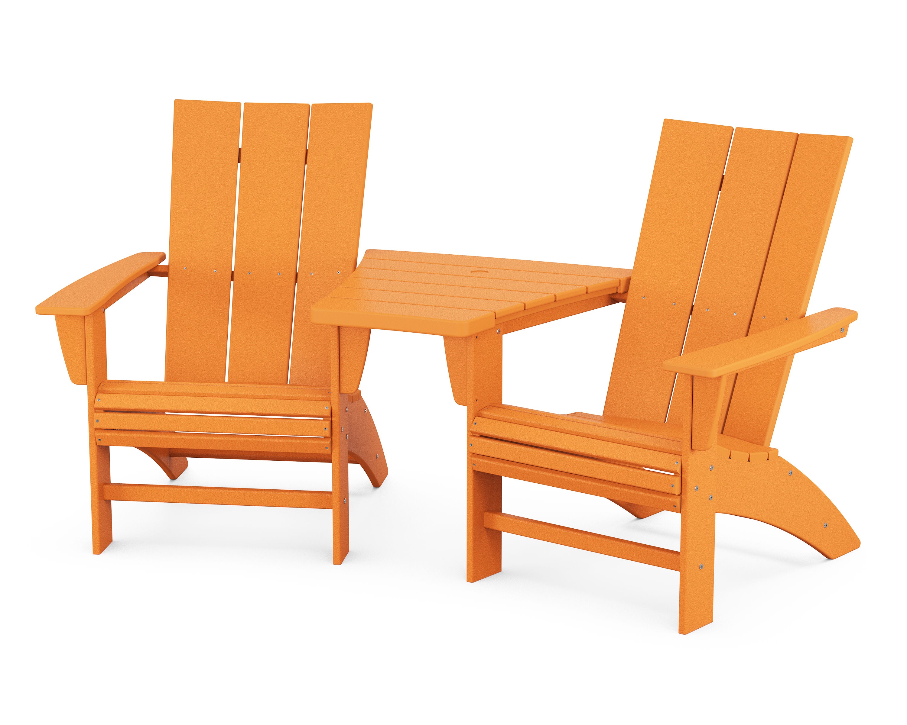 Modern 3-Piece Curveback Adirondack Set with Angled Connecting Table in Tangerine