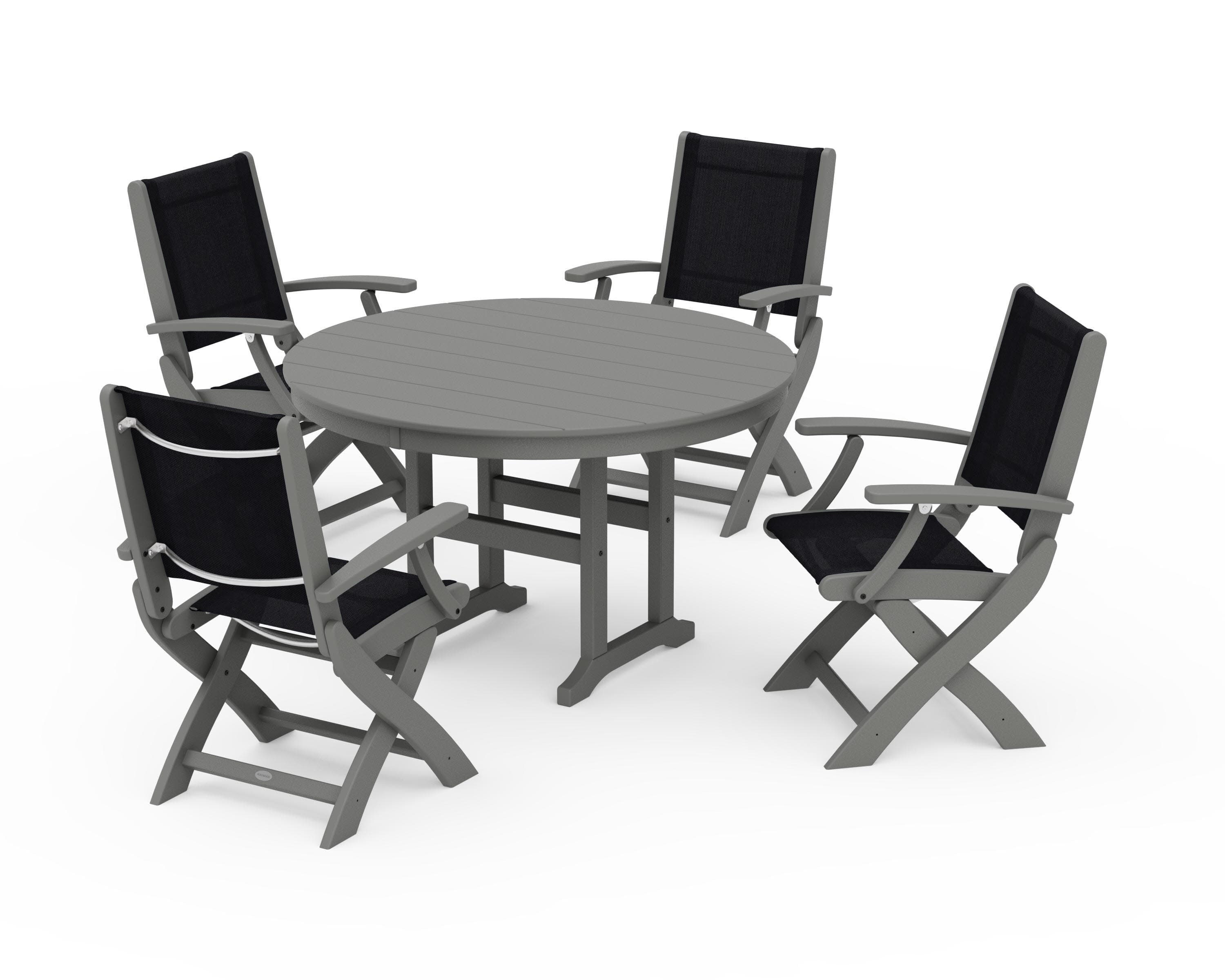 Coastal Folding Chair 5-Piece Round Dining Set in Slate Grey / Black Sling