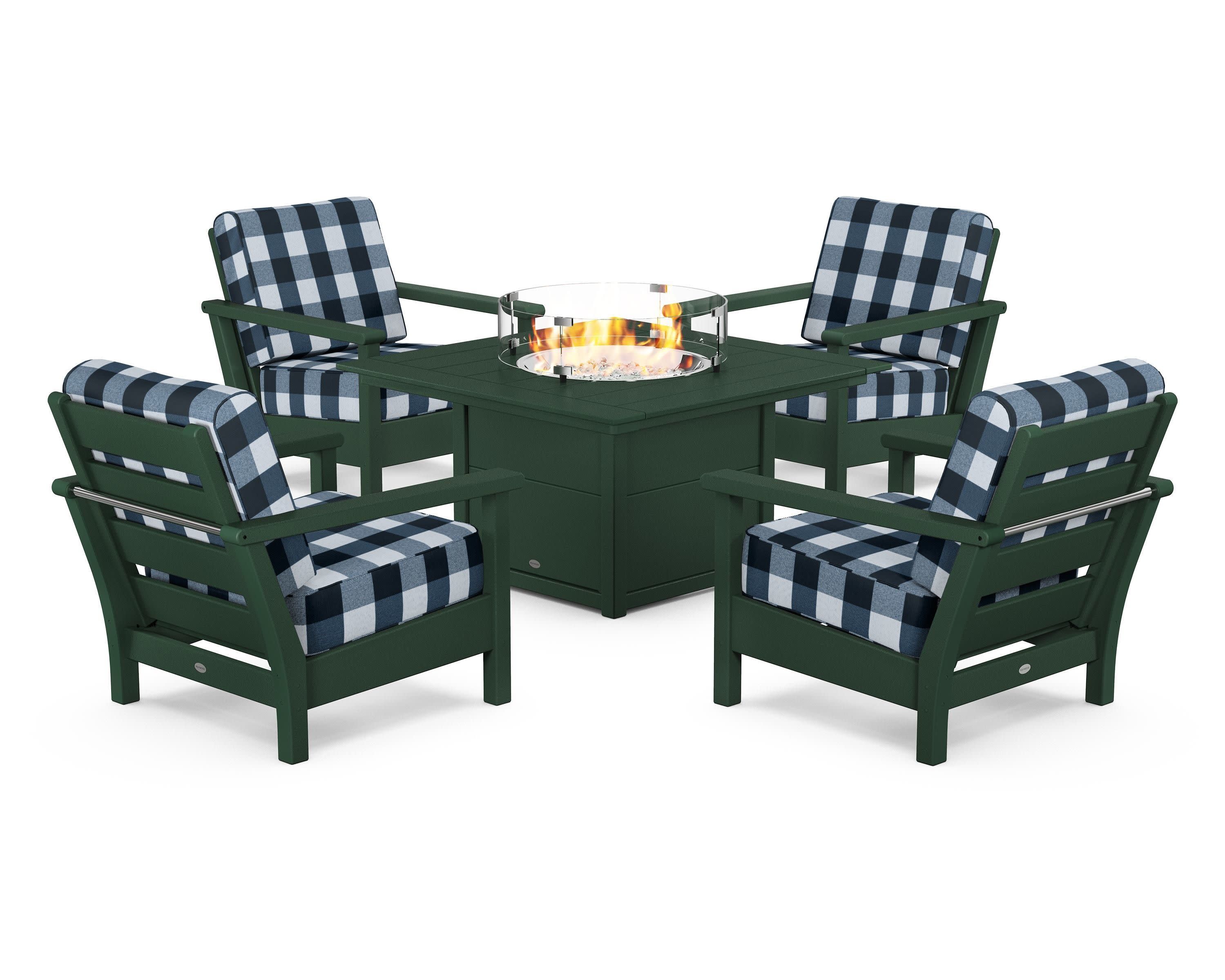 Harbour 5-Piece Conversation Set with Fire Pit Table in Green / Buffalo Plaid Marine Indigo