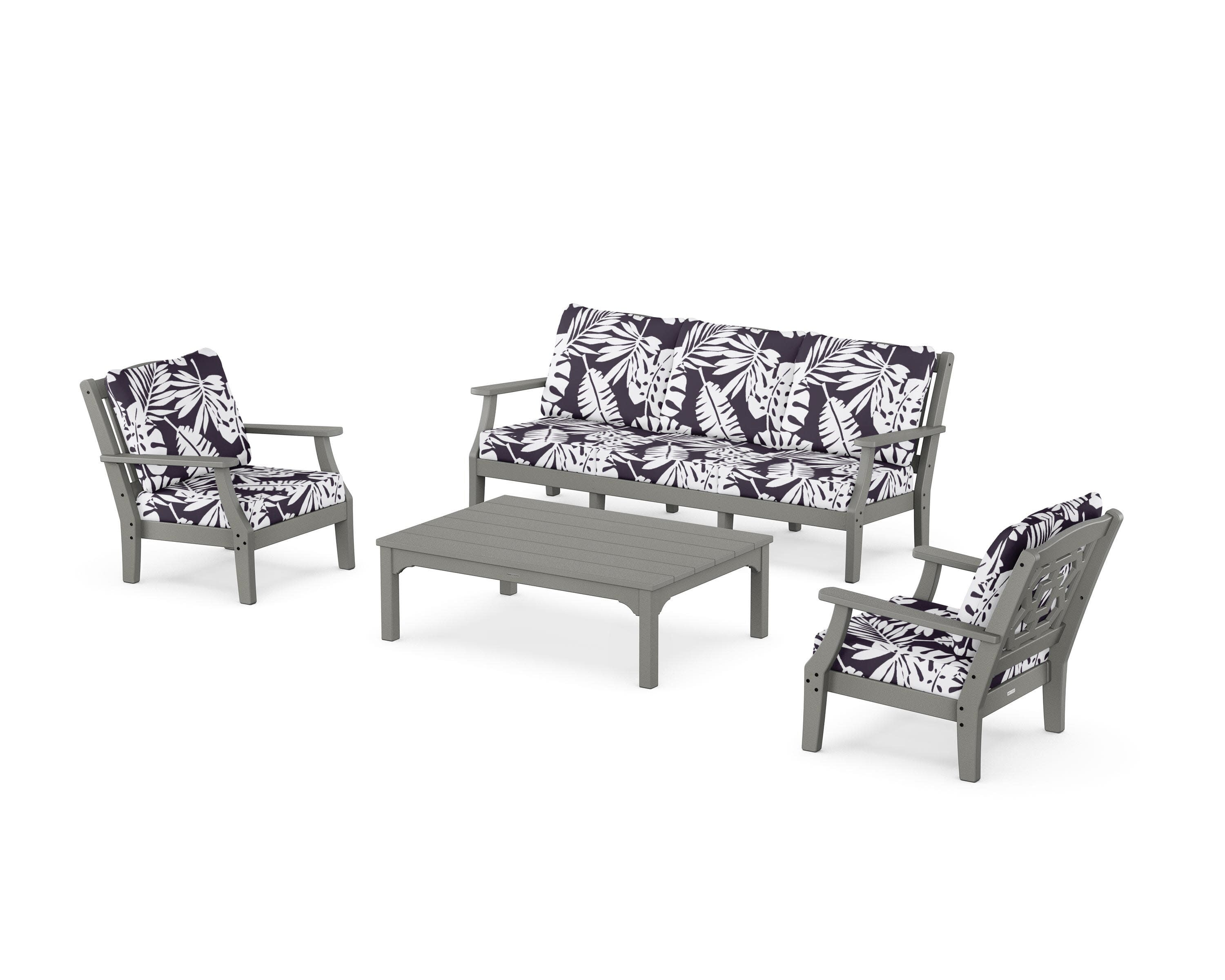 Chinoiserie 4-Piece Deep Seating Set with Sofa in Slate Grey / Leaf Navy