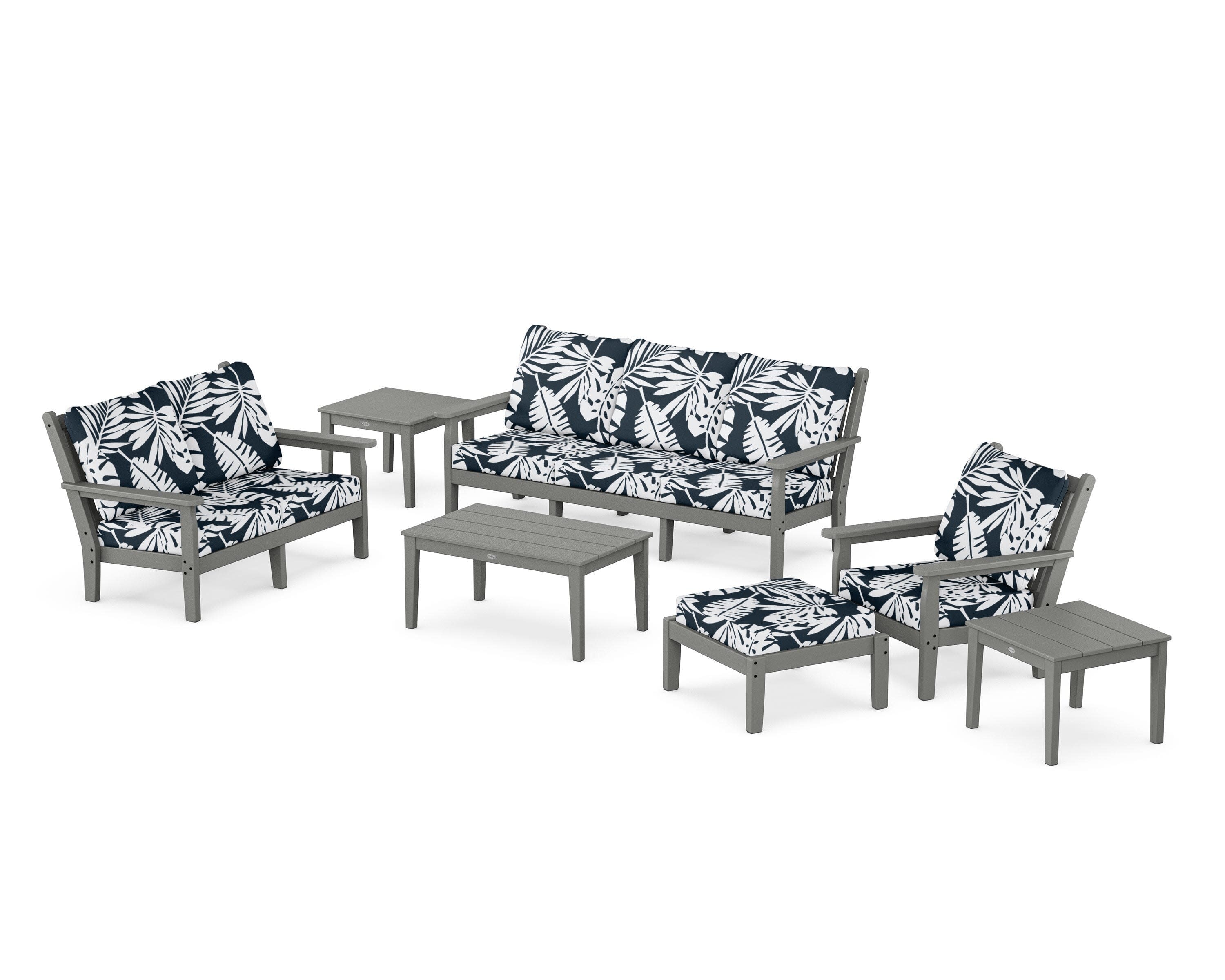 Chippendale 7-Piece Deep Seating Set in Slate Grey / Leaf Marine Indigo