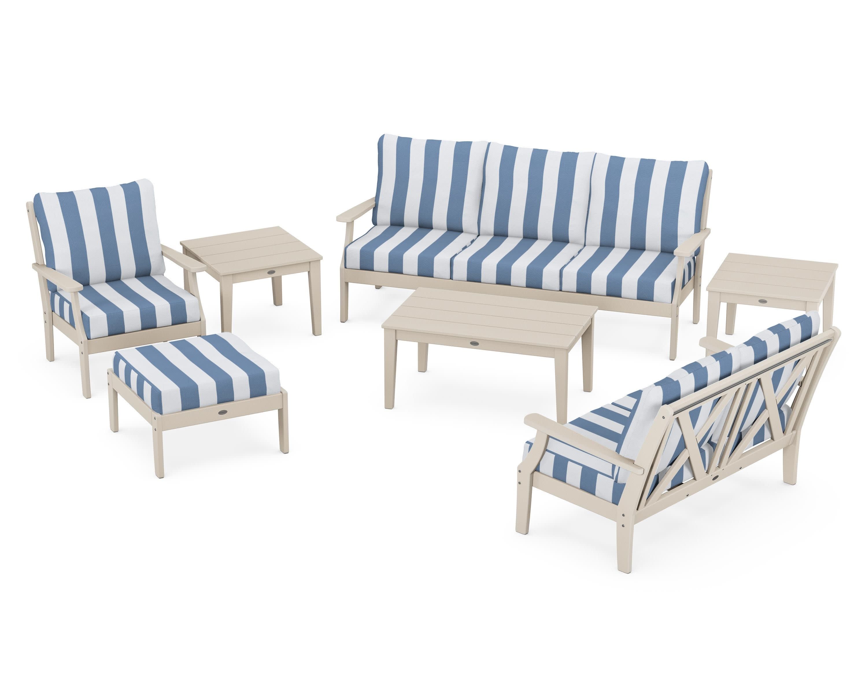Braxton 7-Piece Deep Seating Set in Sand / Cabana Stripe Sky Blue