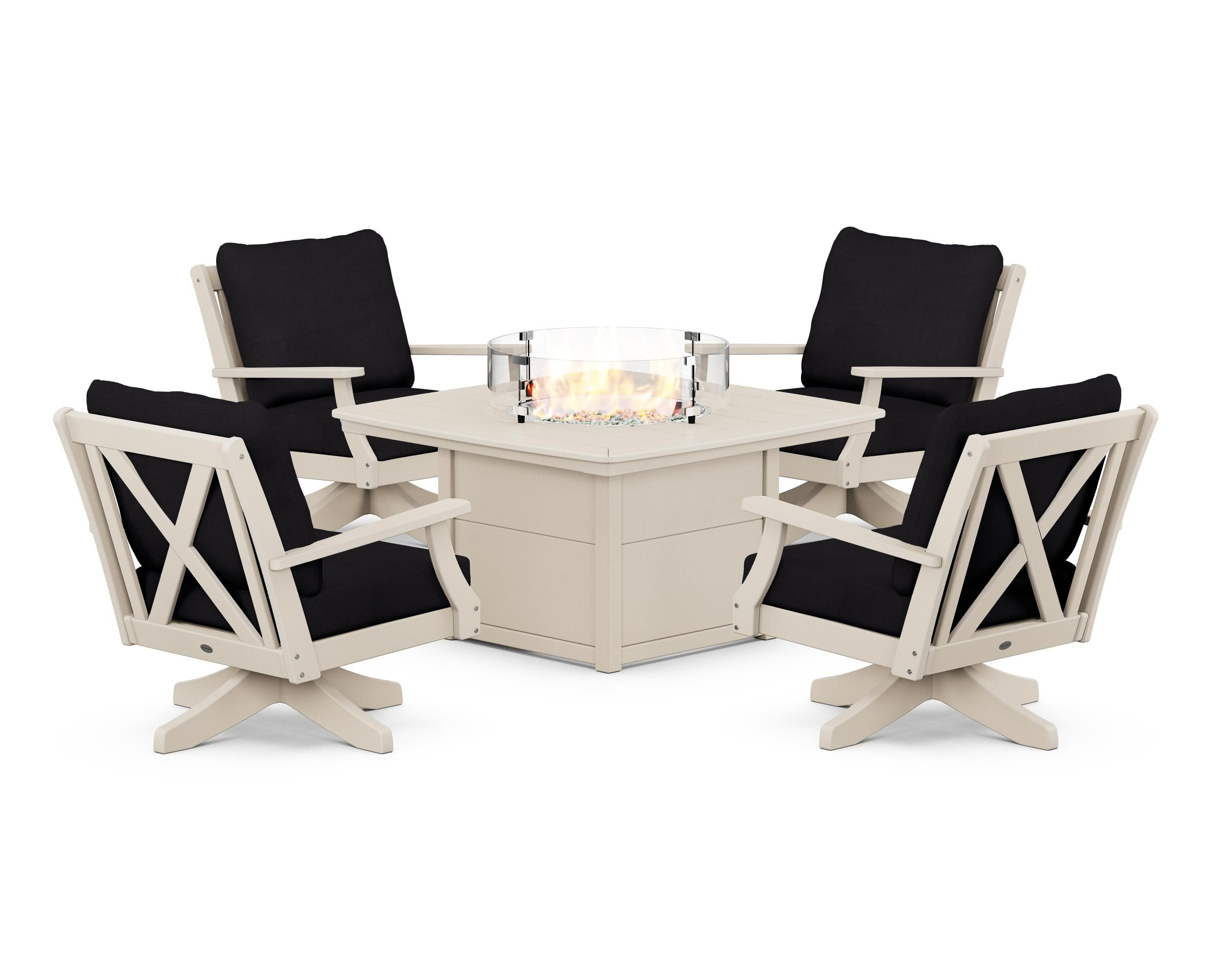 Braxton 5-Piece Deep Seating Swivel Conversation Set with Fire Pit Table in Sand / Midnight Linen