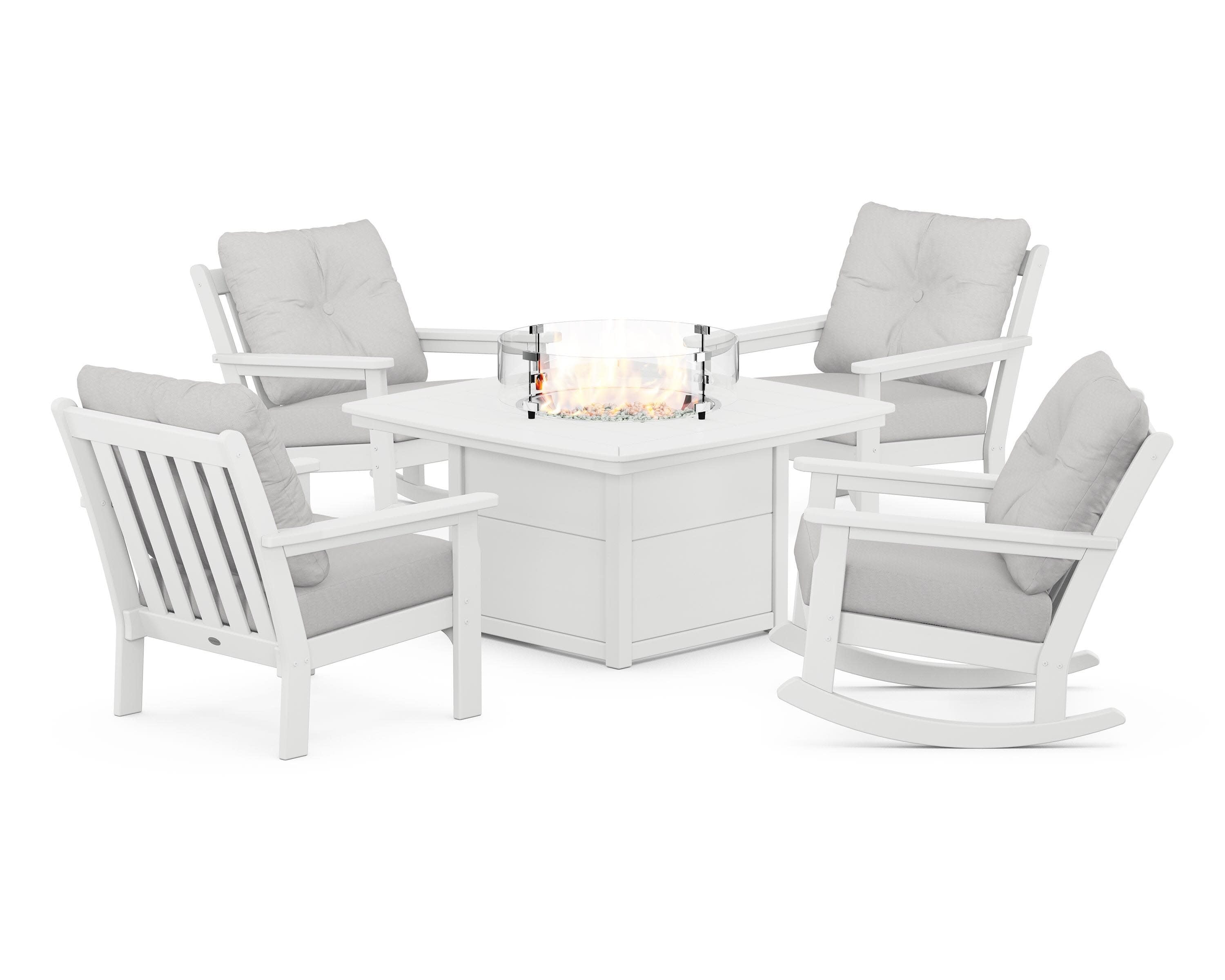 Vineyard 5-Piece Deep Seating Rocking Chair Conversation Set with Fire Pit Table in White / Diamond in the Rough