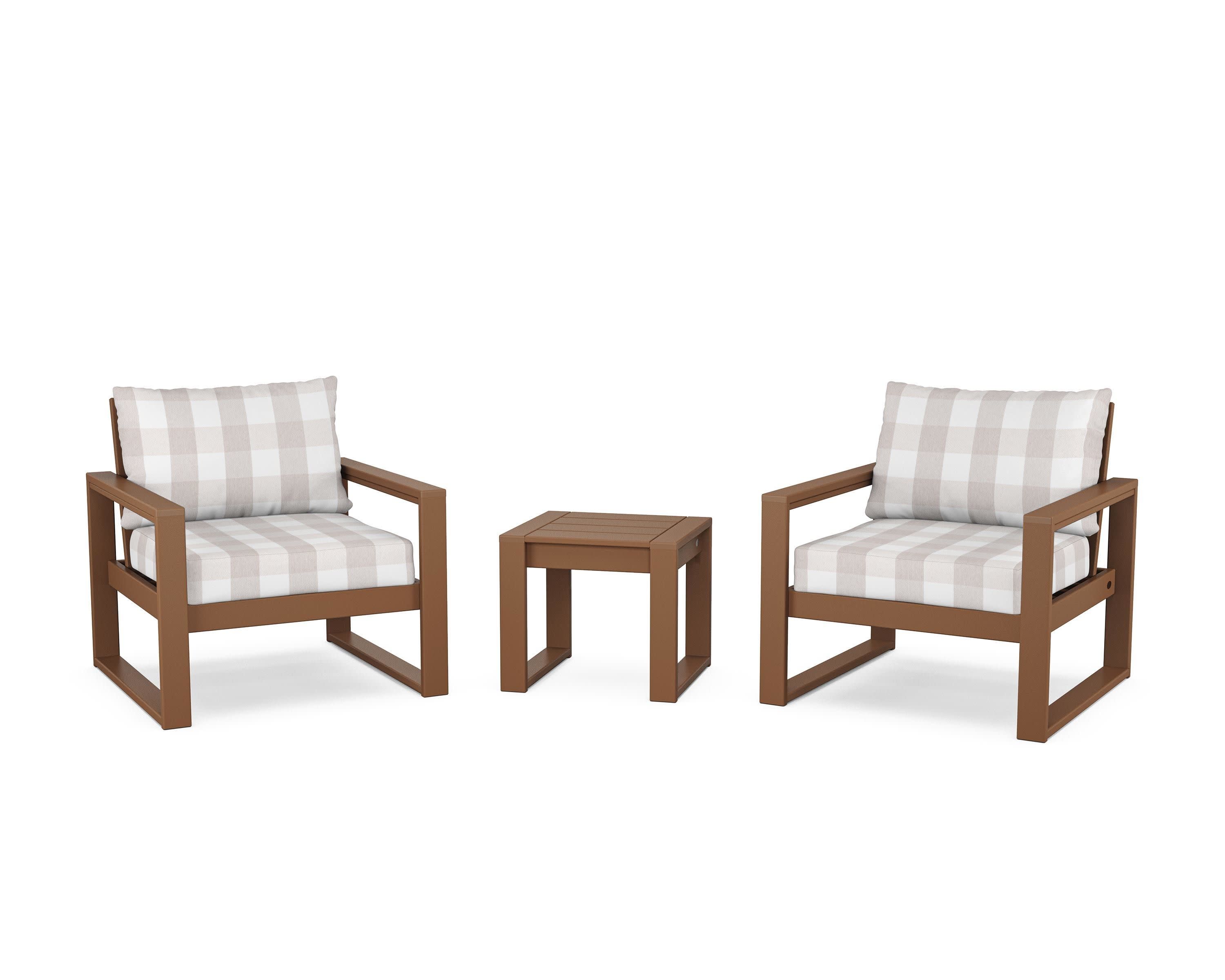 EDGE Sectional 3-Piece Deep Seating Set in Teak / Buffalo Plaid Dune Burlap