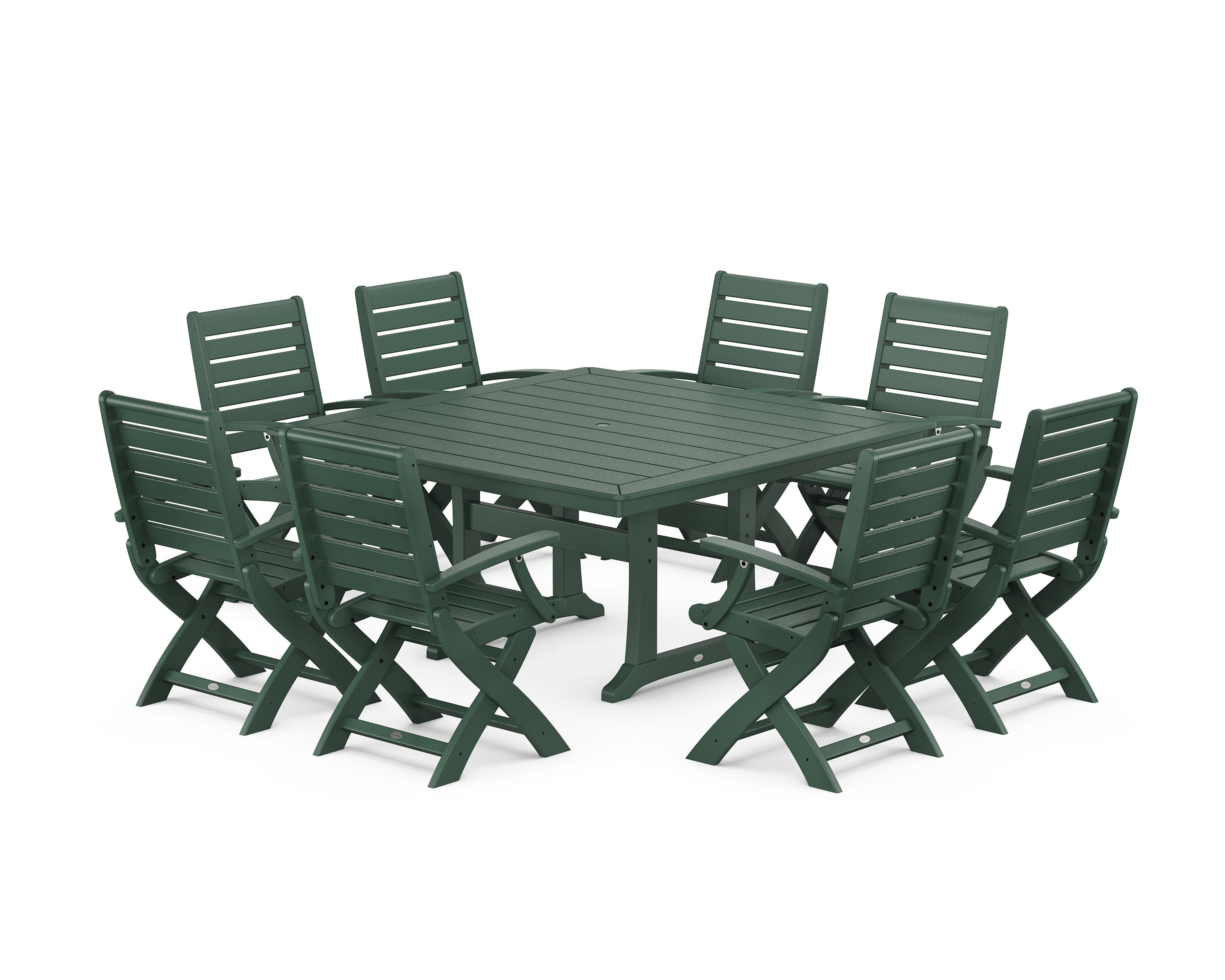 Signature Folding Chair 9-Piece Square Dining Set with Trestle Legs in Green
