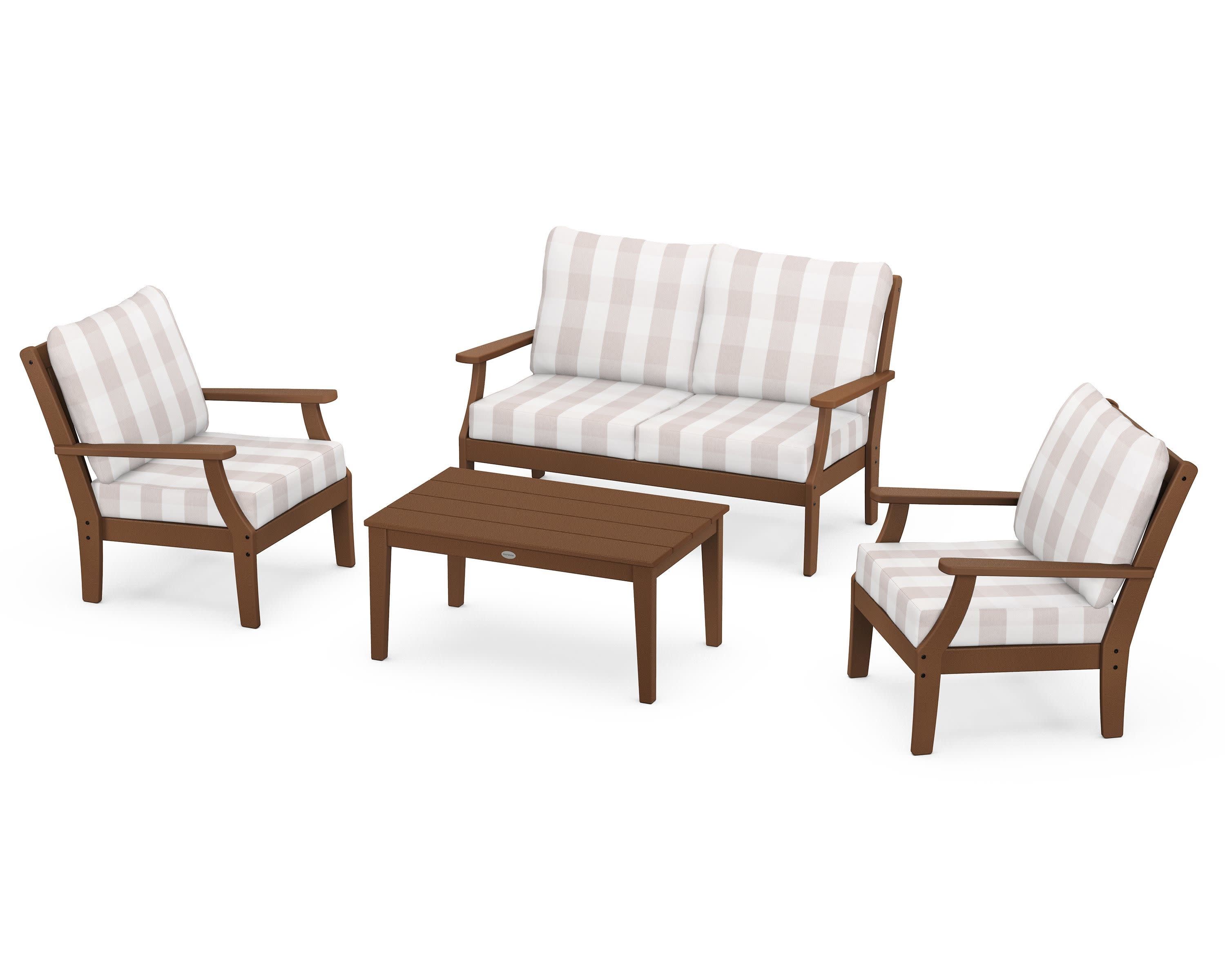Braxton 4-Piece Deep Seating Chair Set in Teak / Buffalo Plaid Dune Burlap