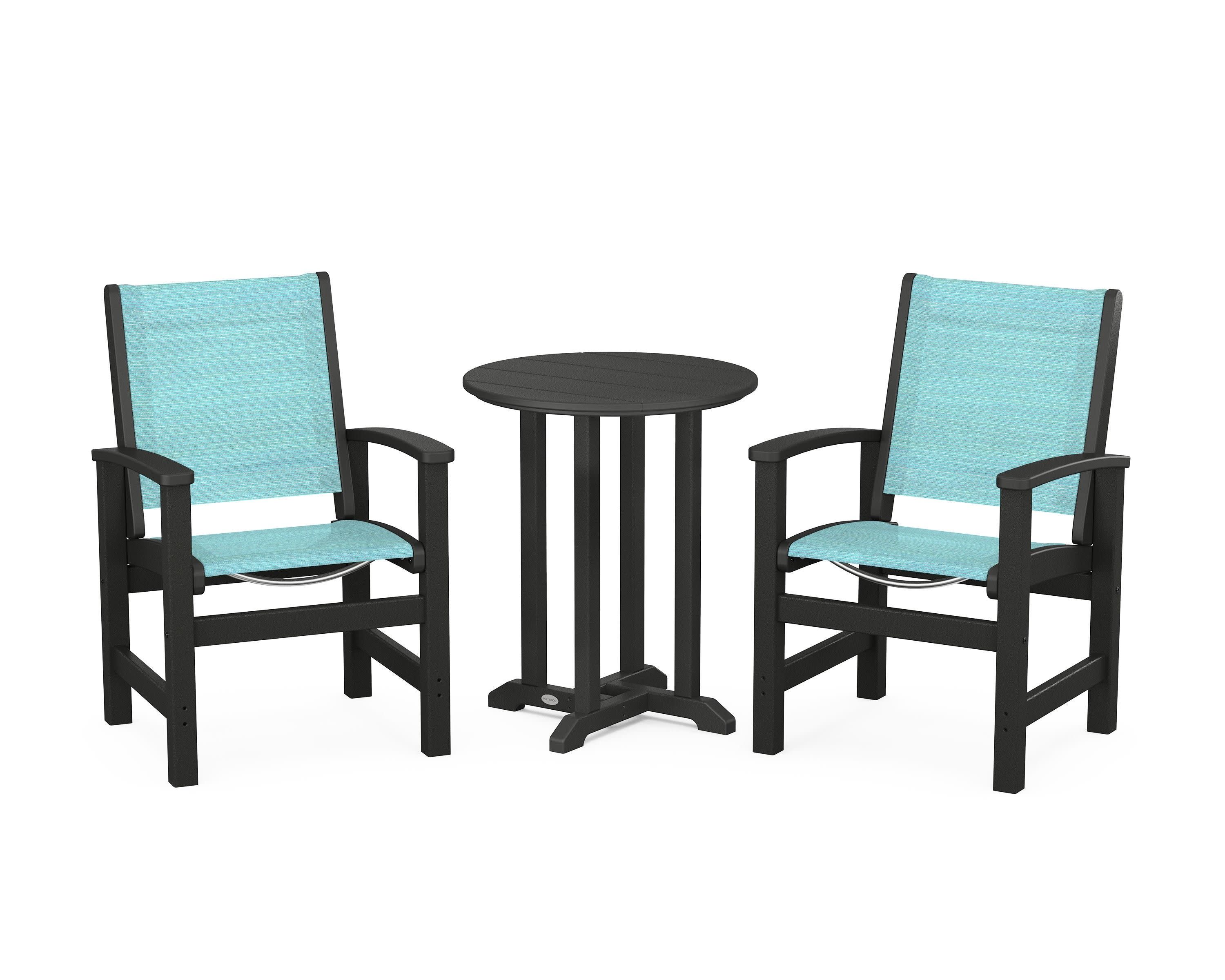Coastal 3-Piece Round Bistro Dining Set in Black / Dupioni Aquamarine Sling
