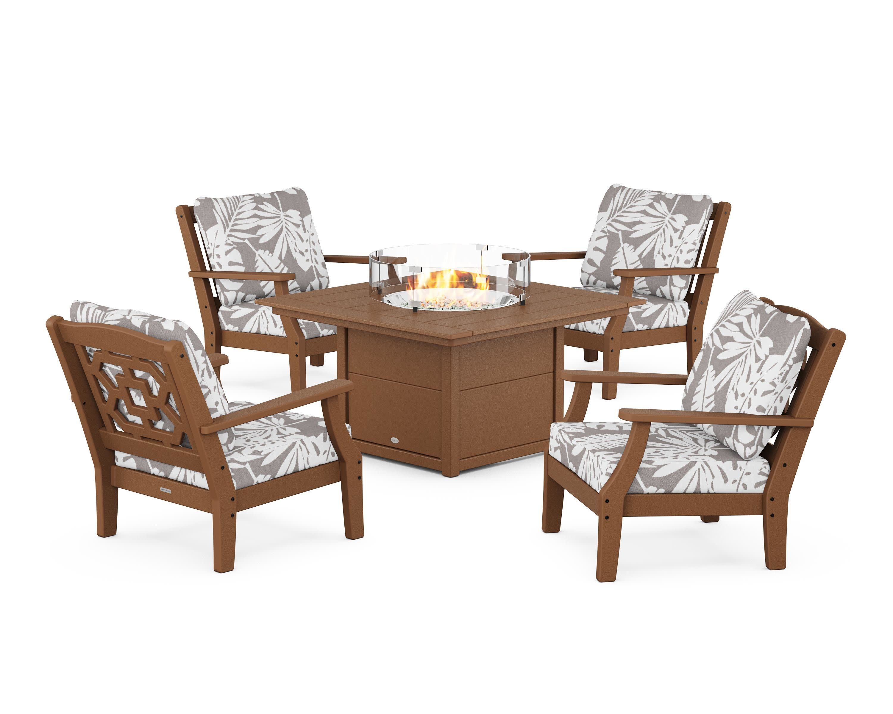 Chinoiserie 5-Piece Deep Seating Set with Fire Pit Table in Teak / Leaf Grey Mist