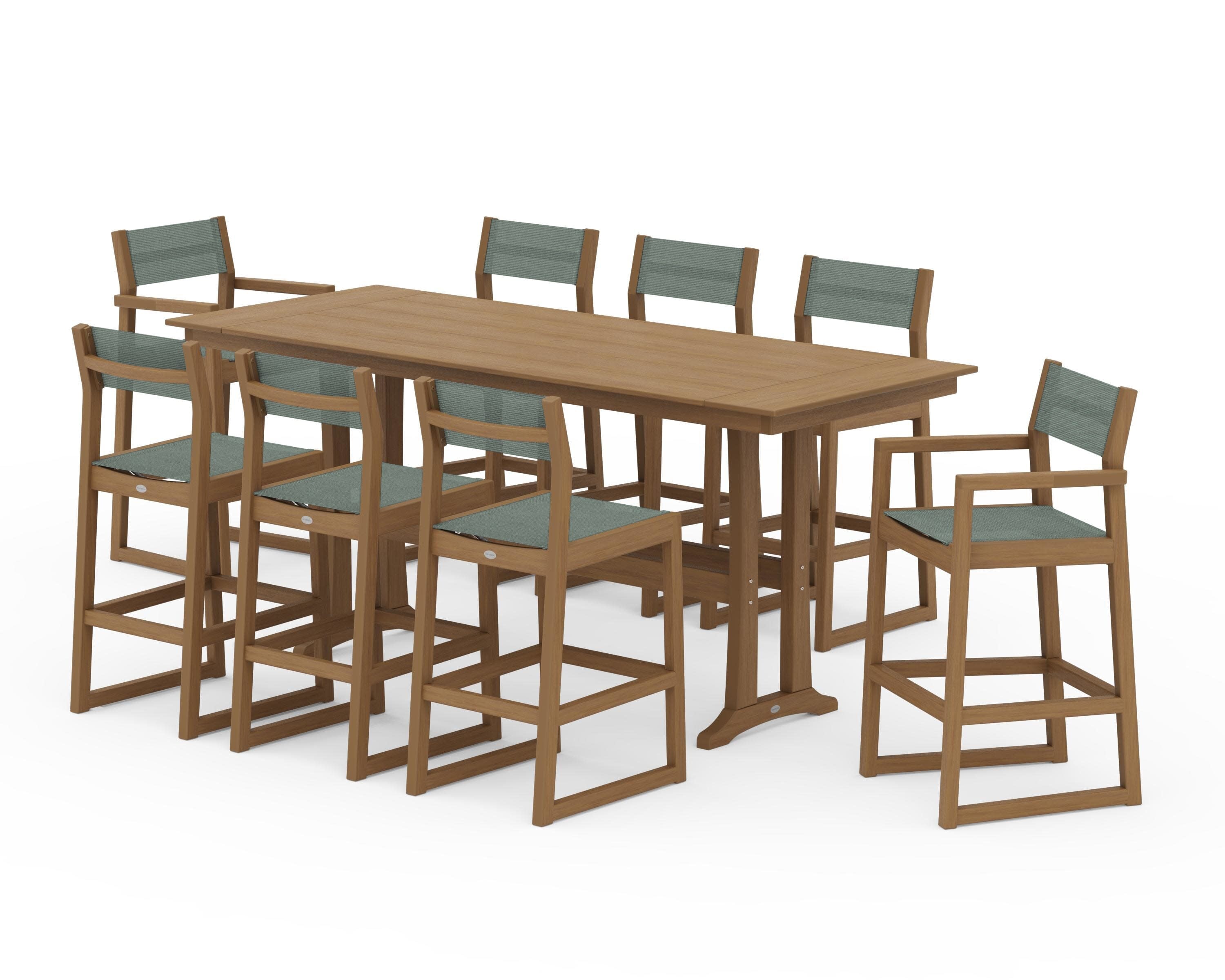 EDGE Sling 9-Piece Farmhouse Bar Set with Trestle Legs in Natural / Dupioni Sea Mist Sling
