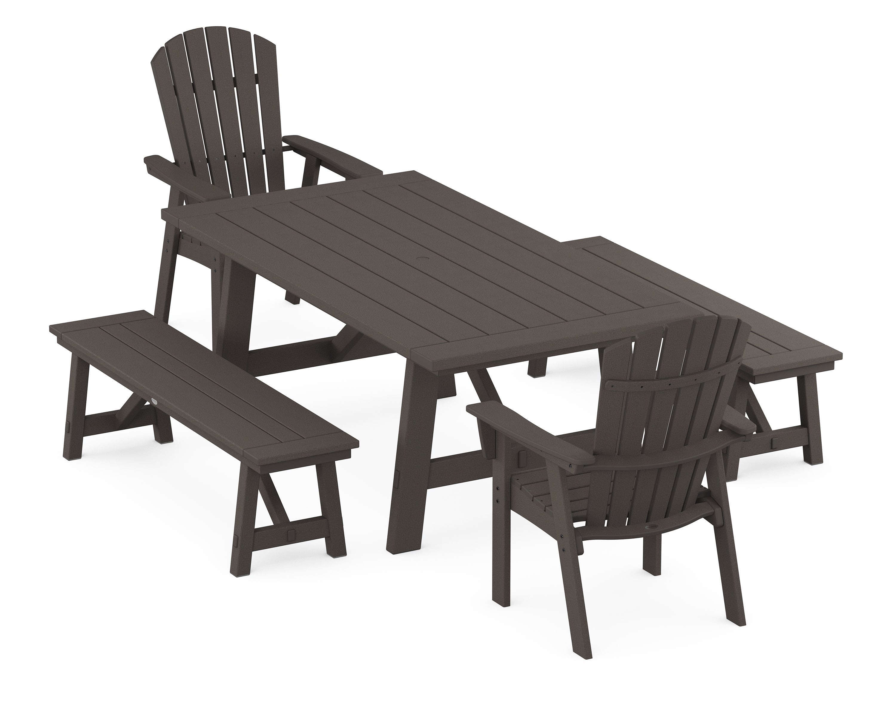 Nautical Curveback Adirondack 5-Piece Rustic Farmhouse Dining Set With Benches in Vintage Coffee