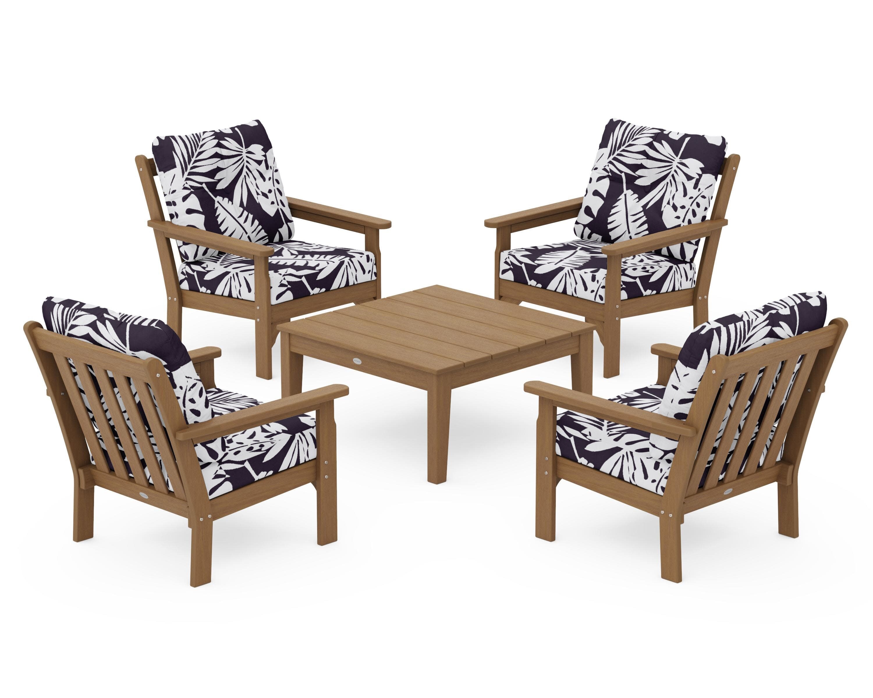 Vineyard 5-Piece Deep Seating Conversation Set in Natural / Leaf Navy