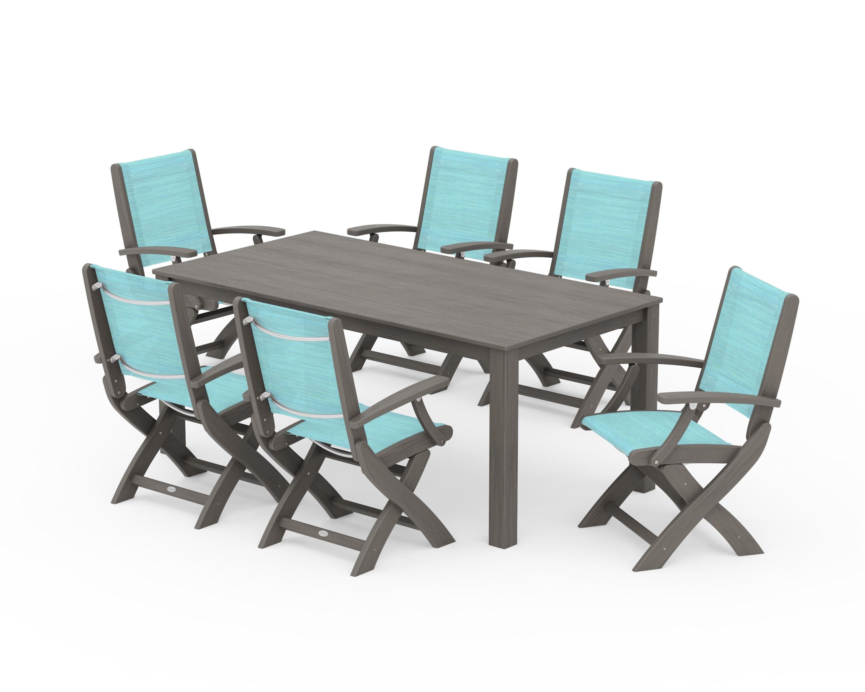 Coastal Folding Chair 7-Piece Parsons Dining Set in Driftwood / Dupioni Aquamarine Sling
