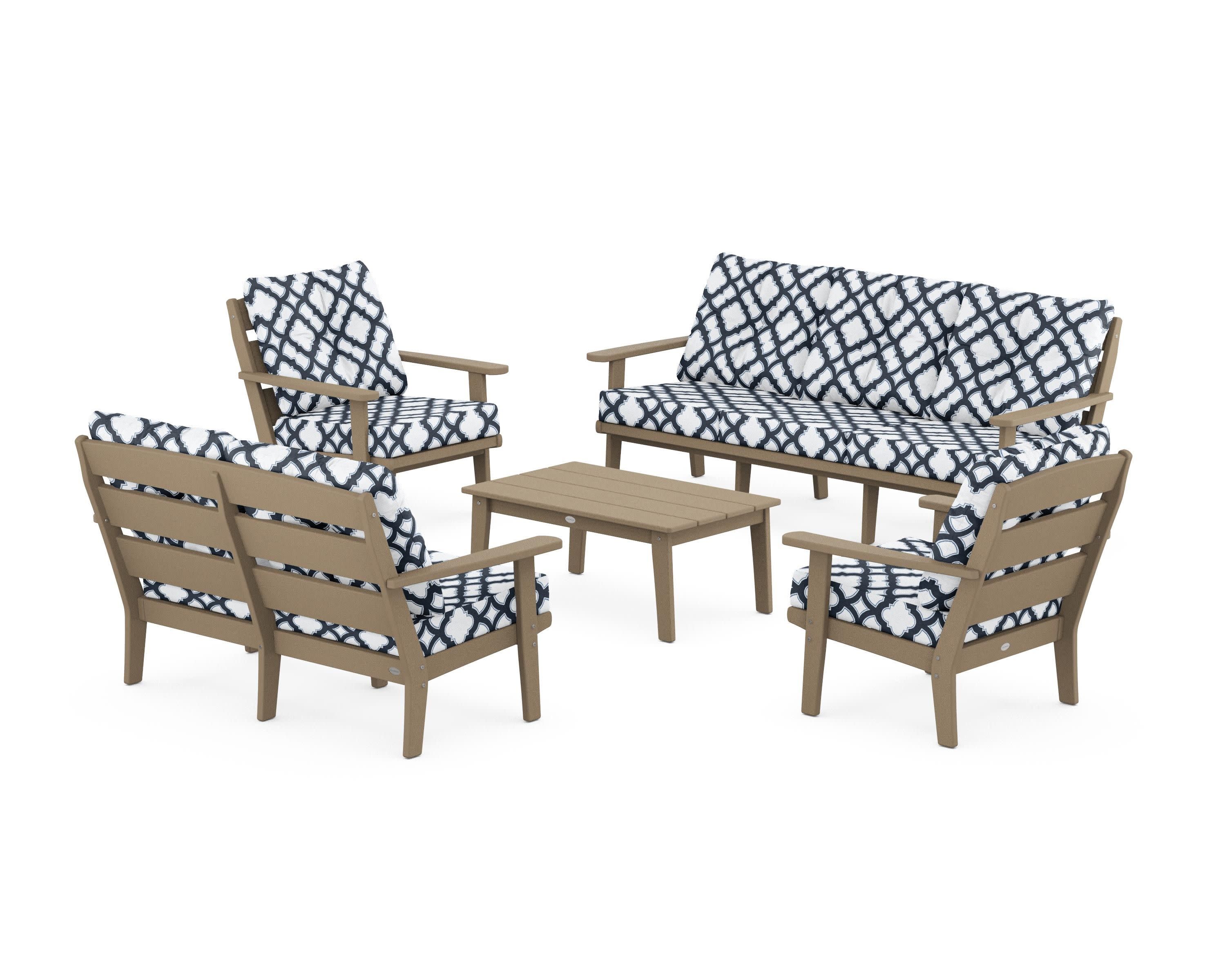 Lakeside 5-Piece Lounge Sofa Set in Vintage Sahara / Trellis Marine Indigo