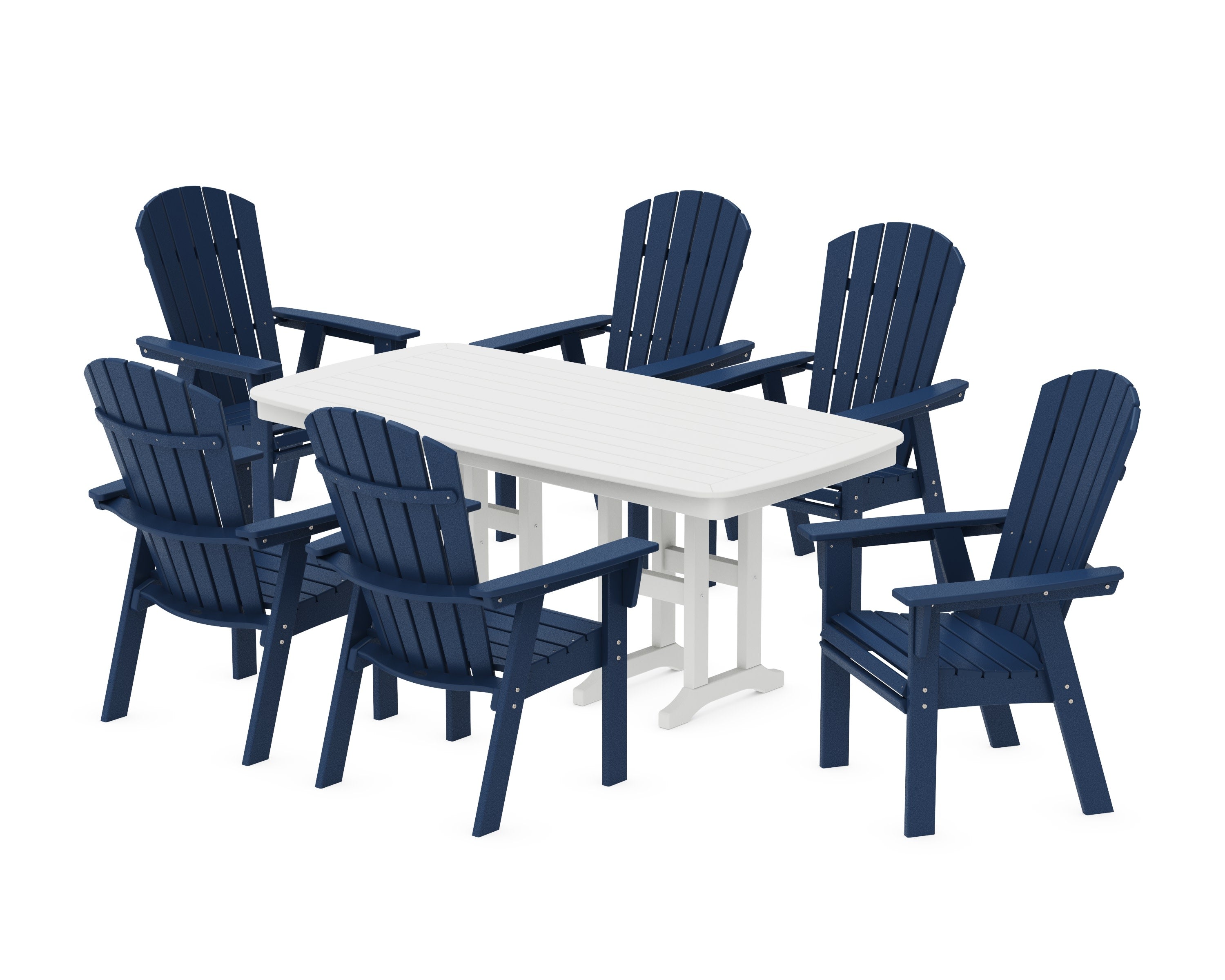 Nautical Curveback Adirondack 7-Piece Dining Set in Navy / White