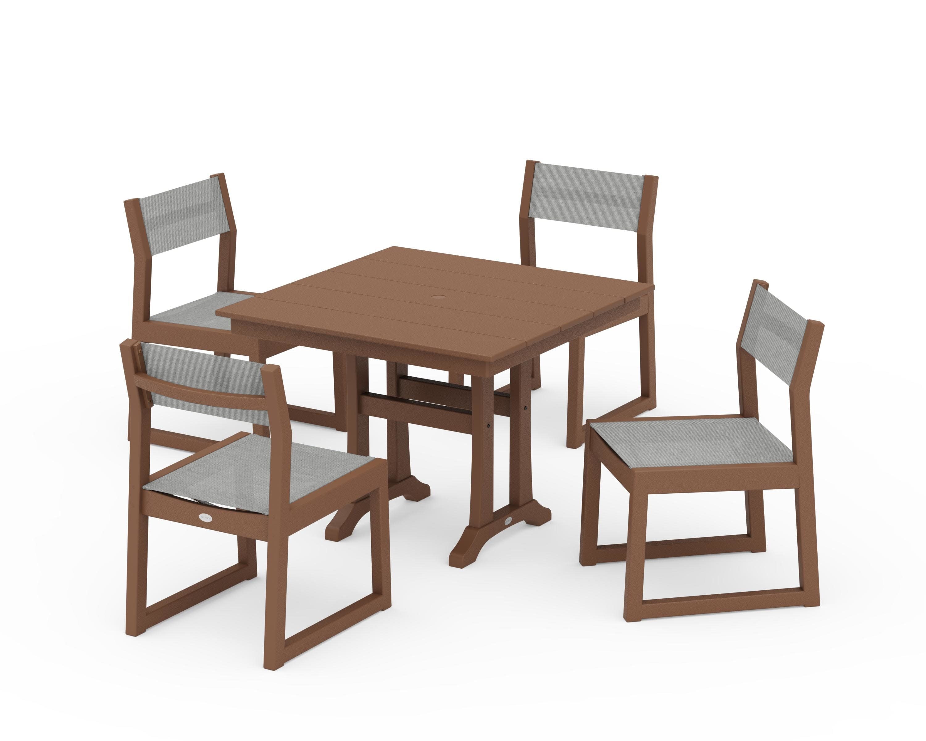 EDGE Sling 5-Piece Farmhouse Trestle Side Chair Dining Set in Teak / Metallic Sling