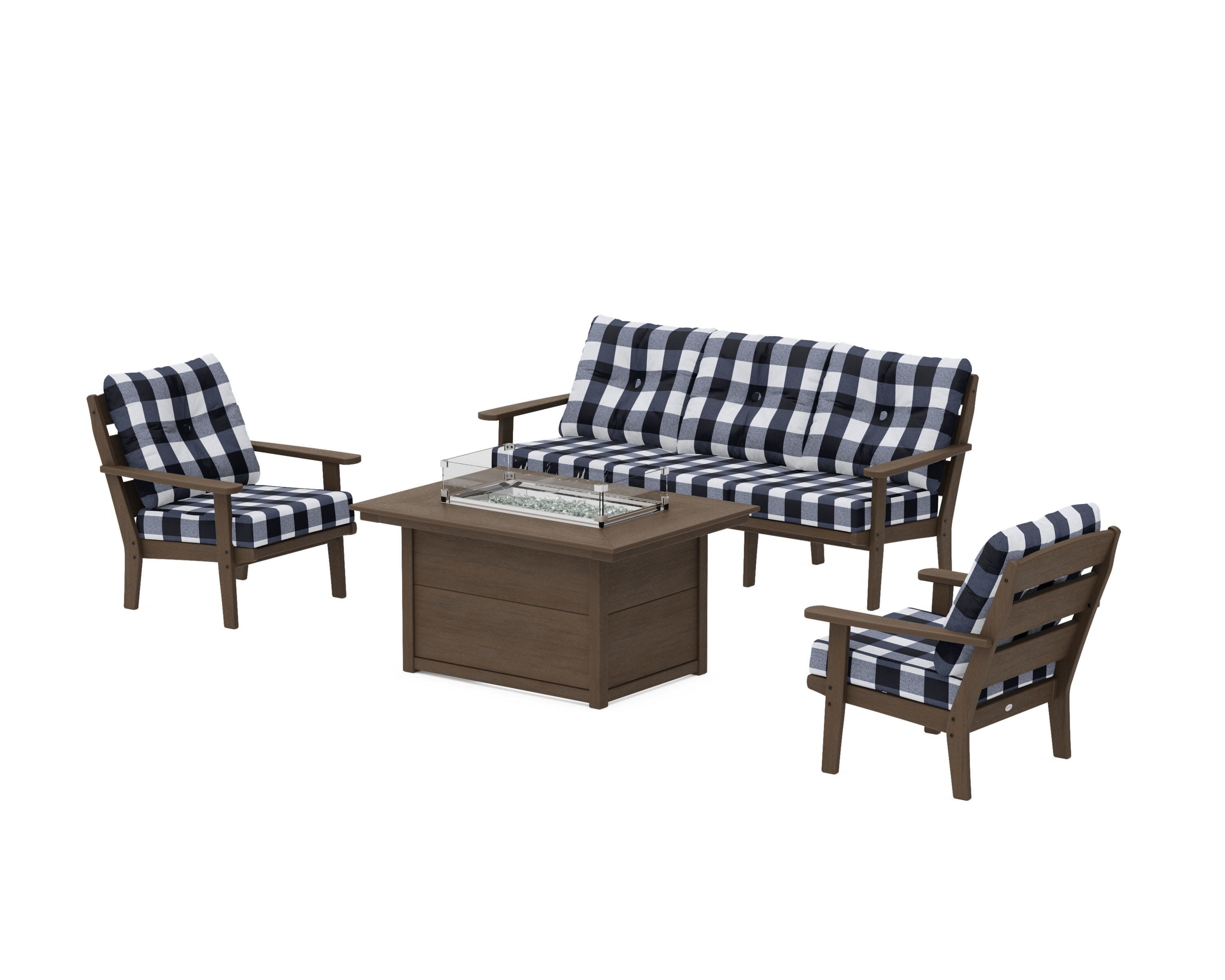 Lakeside Deep Seating Fire Pit Table Set in Kona / Buffalo Plaid Marine Indigo
