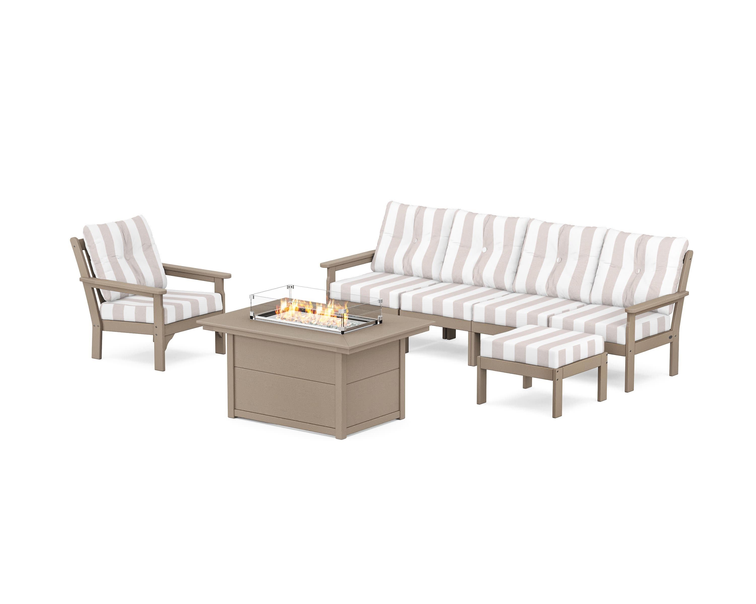 Vineyard Sectional Lounge and Fire Pit Set in Vintage Sahara / Cabana Stripe Dune Burlap
