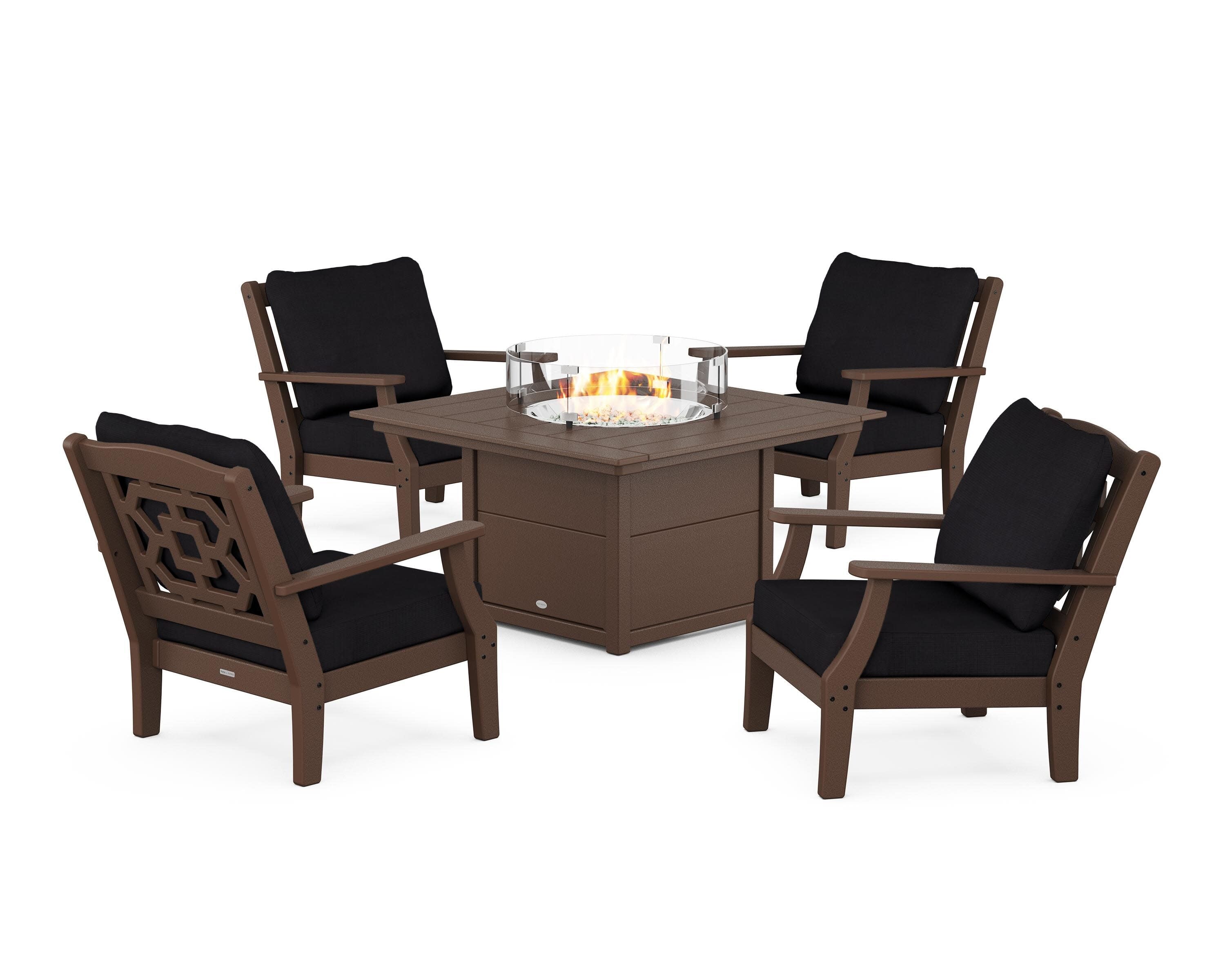 Chinoiserie 5-Piece Deep Seating Set with Fire Pit Table in Mahogany / Midnight Linen