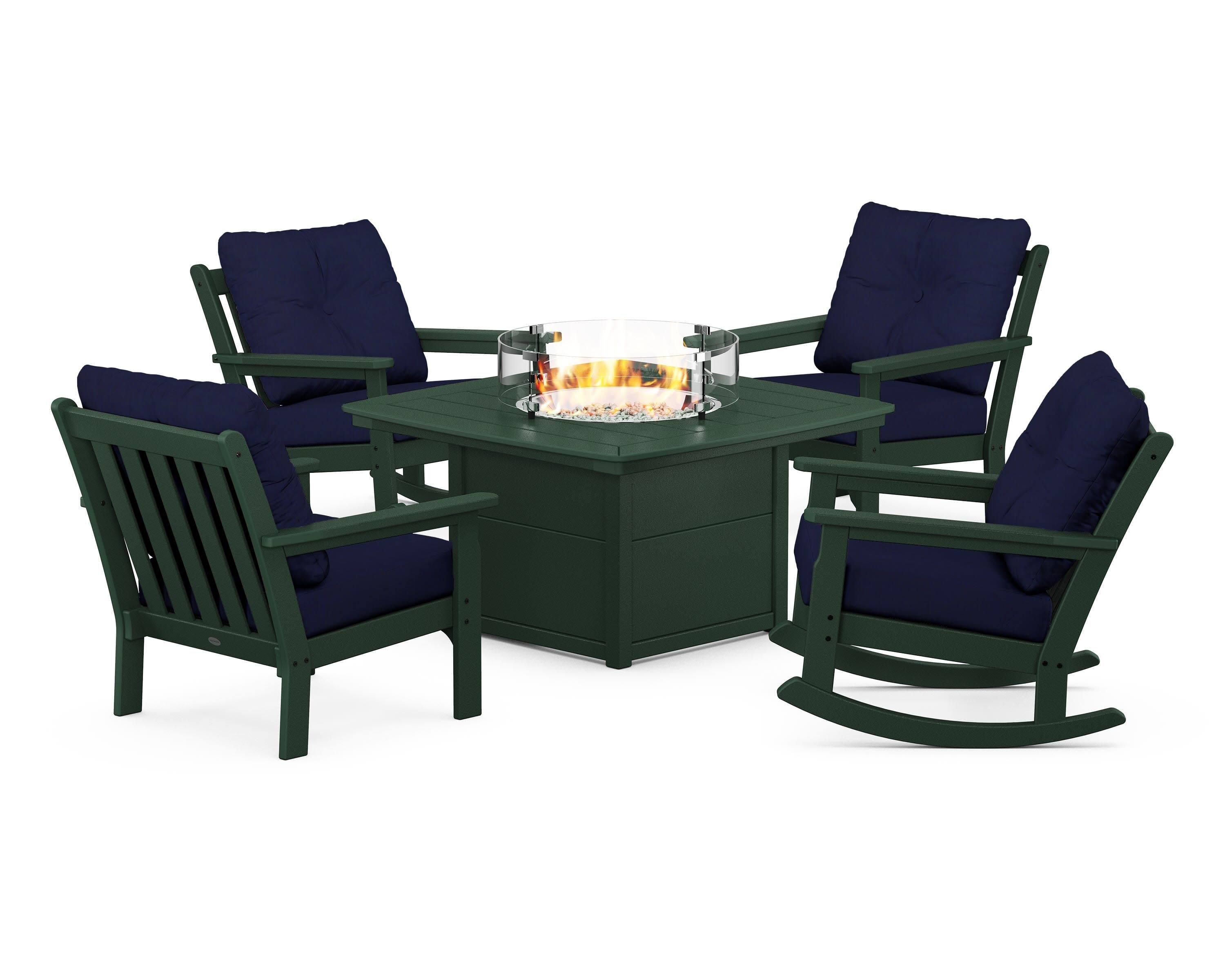 Vineyard 5-Piece Deep Seating Rocking Chair Conversation Set with Fire Pit Table in Green / Navy