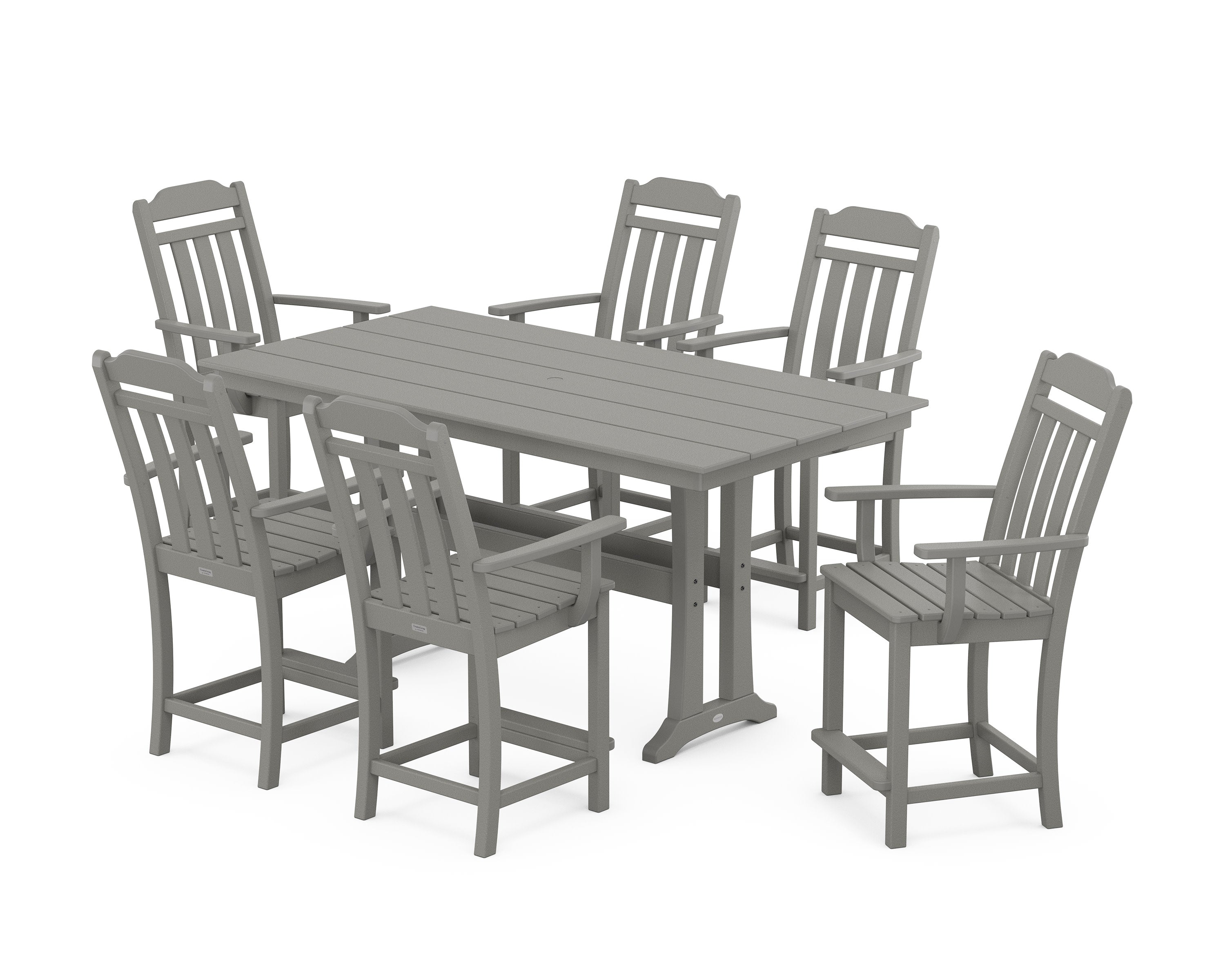 Cottage Arm Chair 7-Piece Farmhouse Counter Set with Trestle Legs in Slate Grey