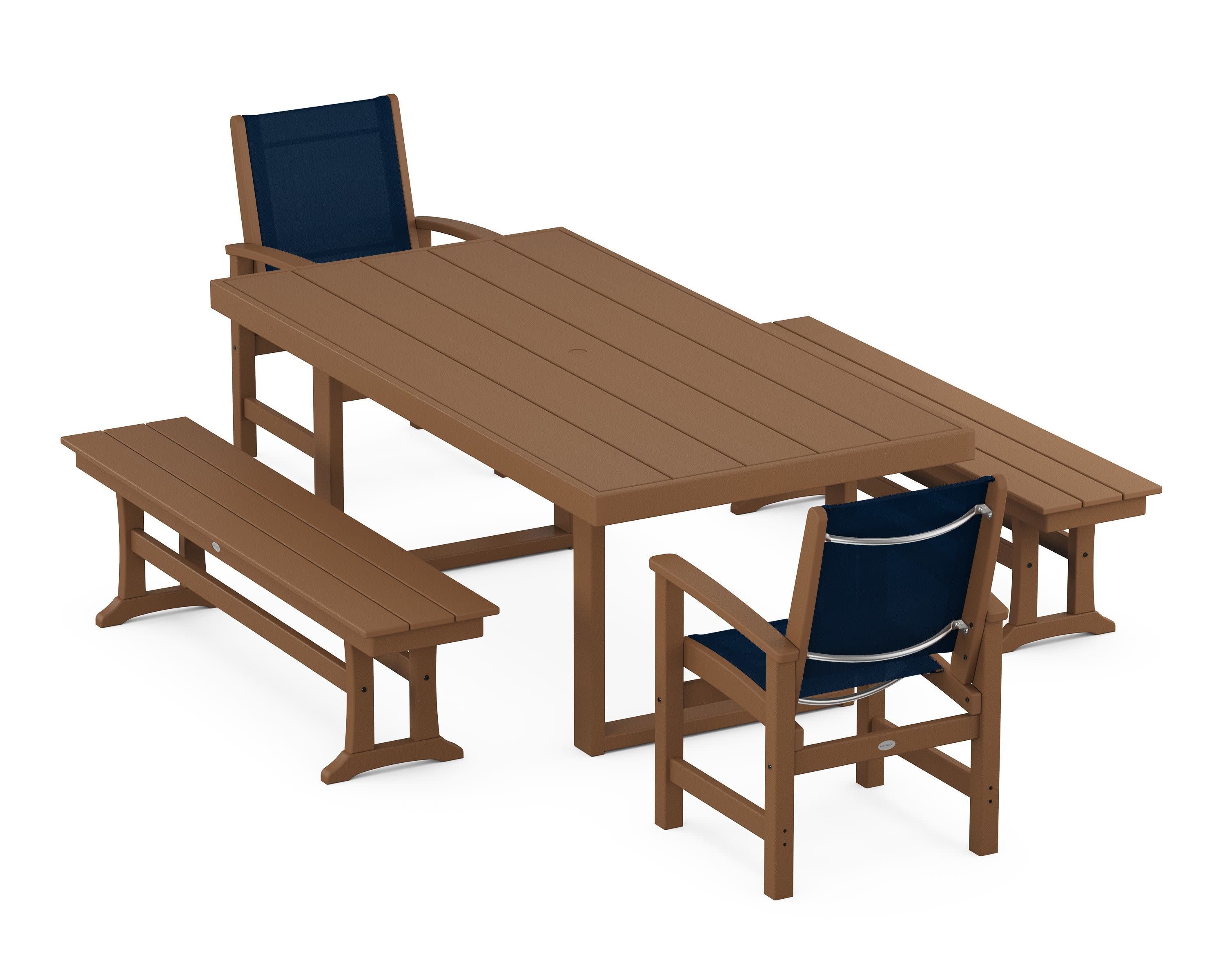 Coastal 5-Piece Dining Set with Trestle Legs in Teak / Navy Blue Sling