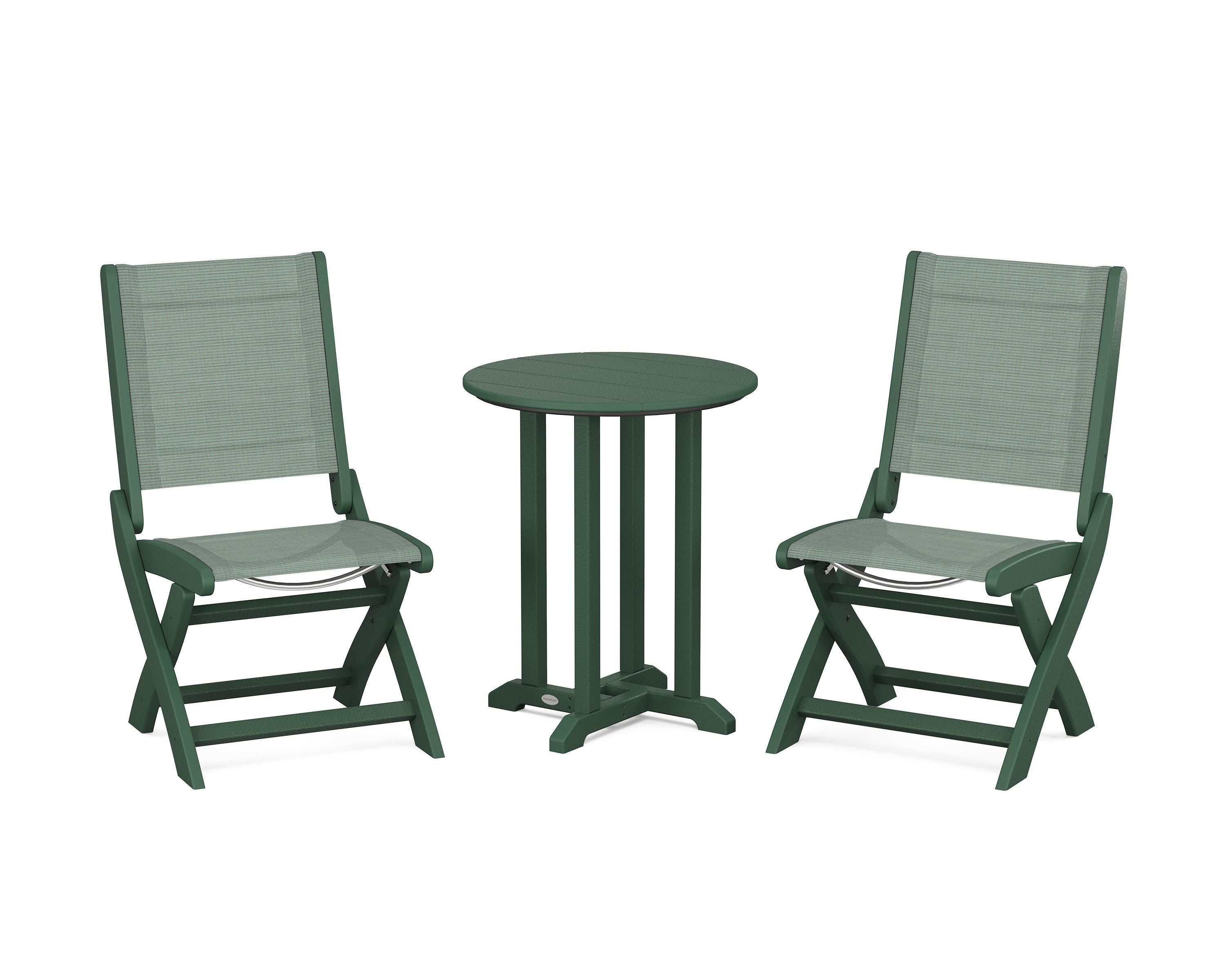 Coastal Folding Side Chair 3-Piece Round Bistro Dining Set in Green / Dupioni Sea Mist Sling