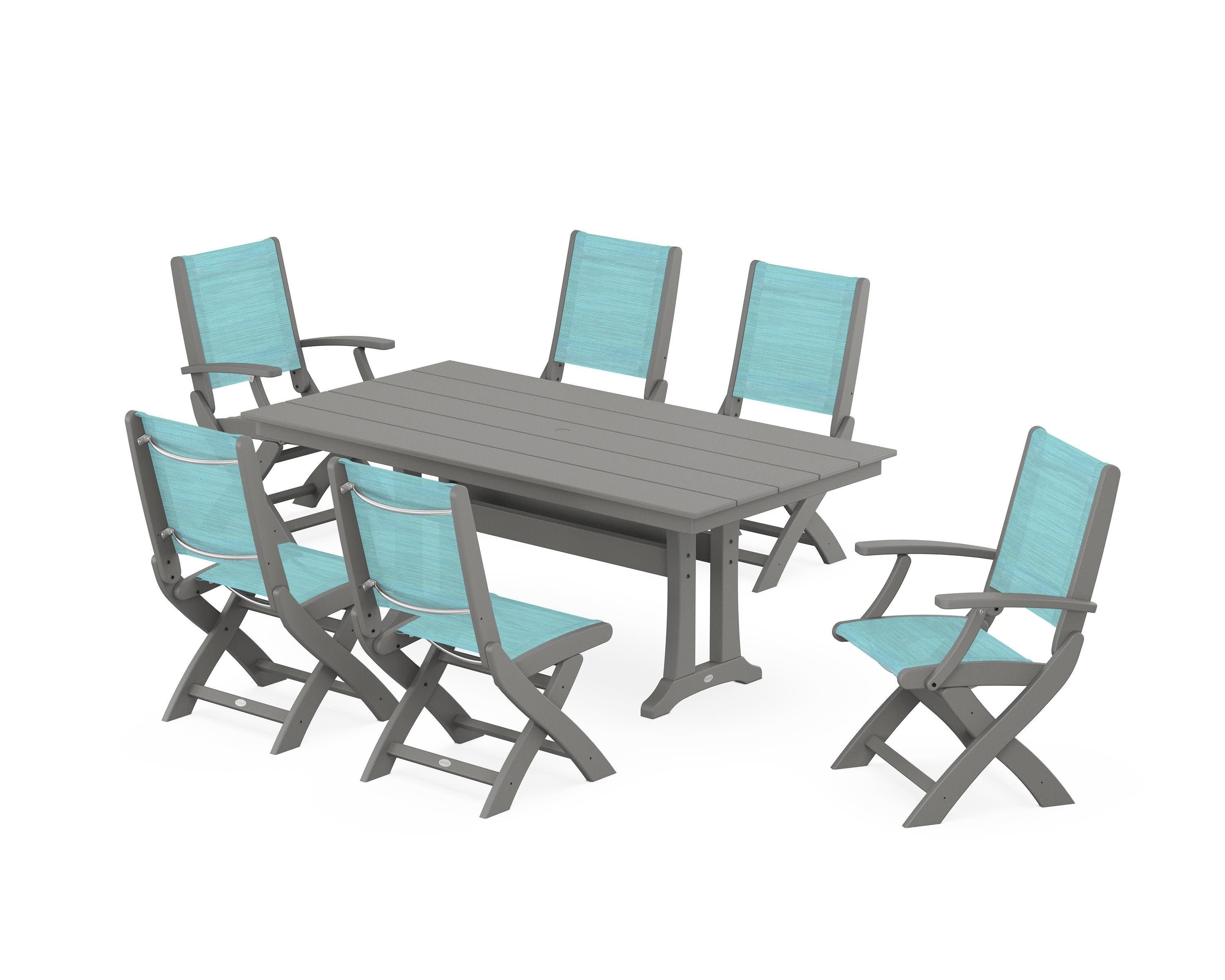 Coastal Folding Chair 7-Piece Farmhouse Dining Set with Trestle Legs in Slate Grey / Dupioni Aquamarine Sling