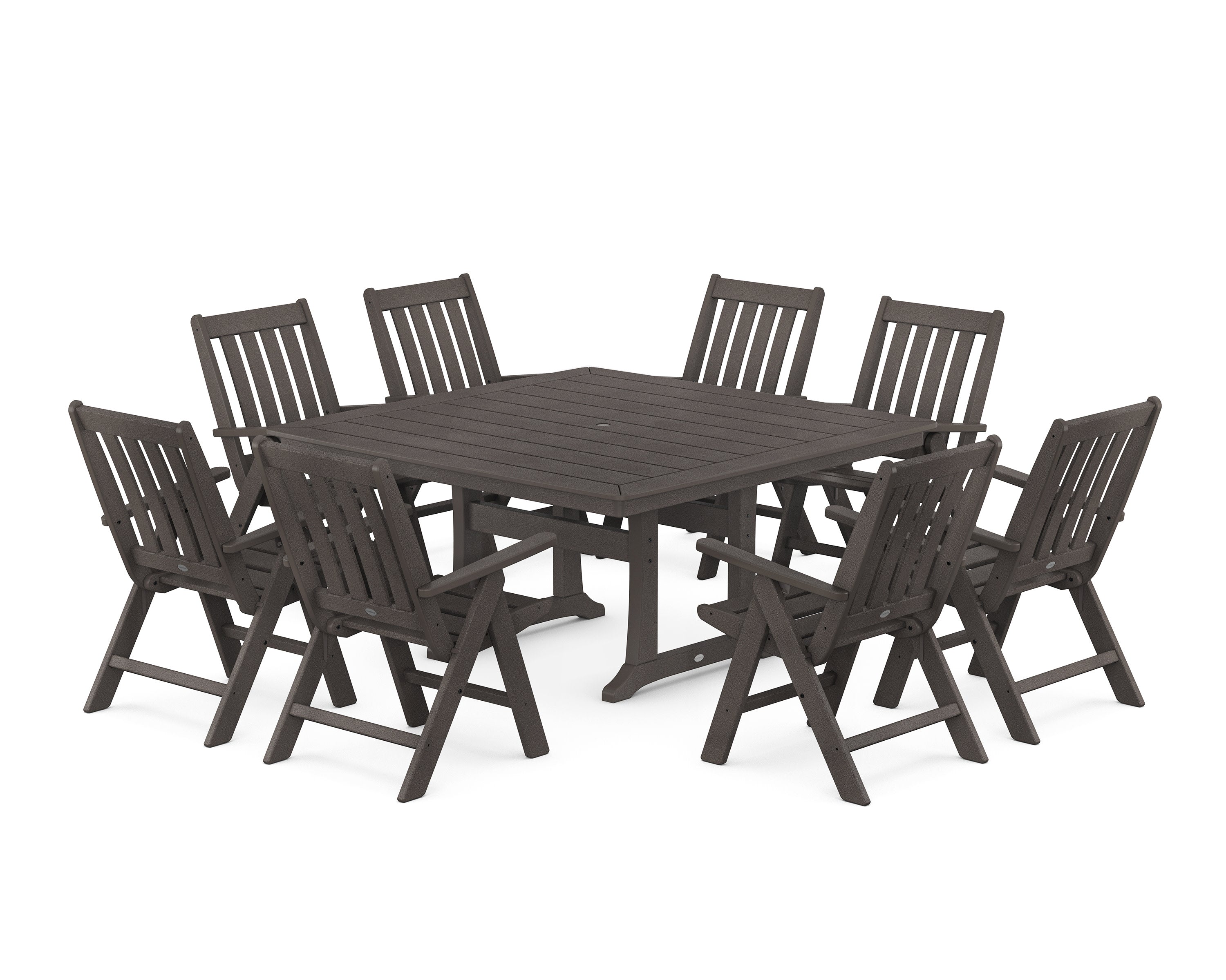 Vineyard Folding Chair 9-Piece Square Dining Set with Trestle Legs in Vintage Coffee