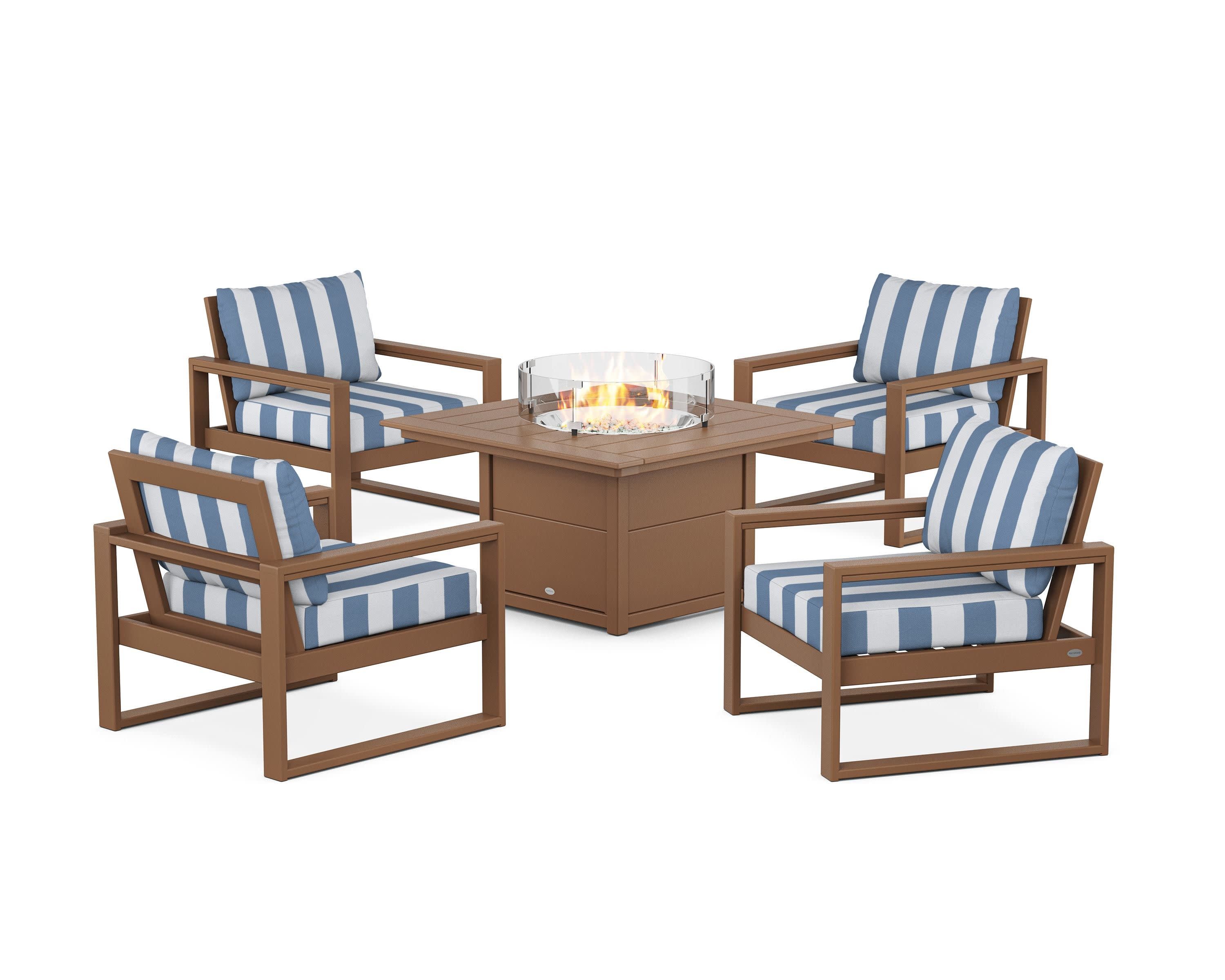 EDGE Sectional 5-Piece Deep Seating Set with Fire Pit Table in Teak / Cabana Stripe Sky Blue
