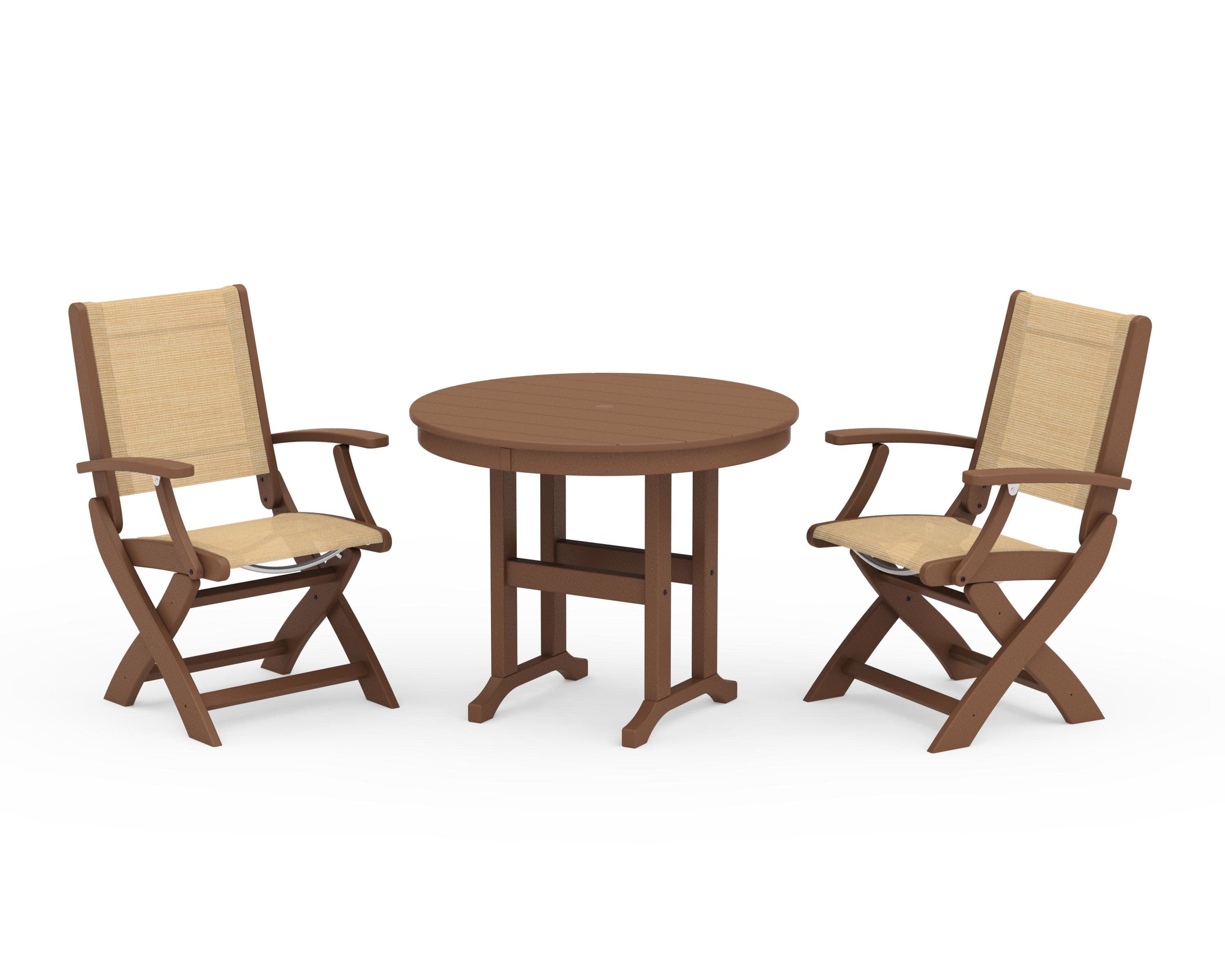 Coastal Folding Chair 3-Piece Round Dining Set in Teak / Dupioni Apricot Sling