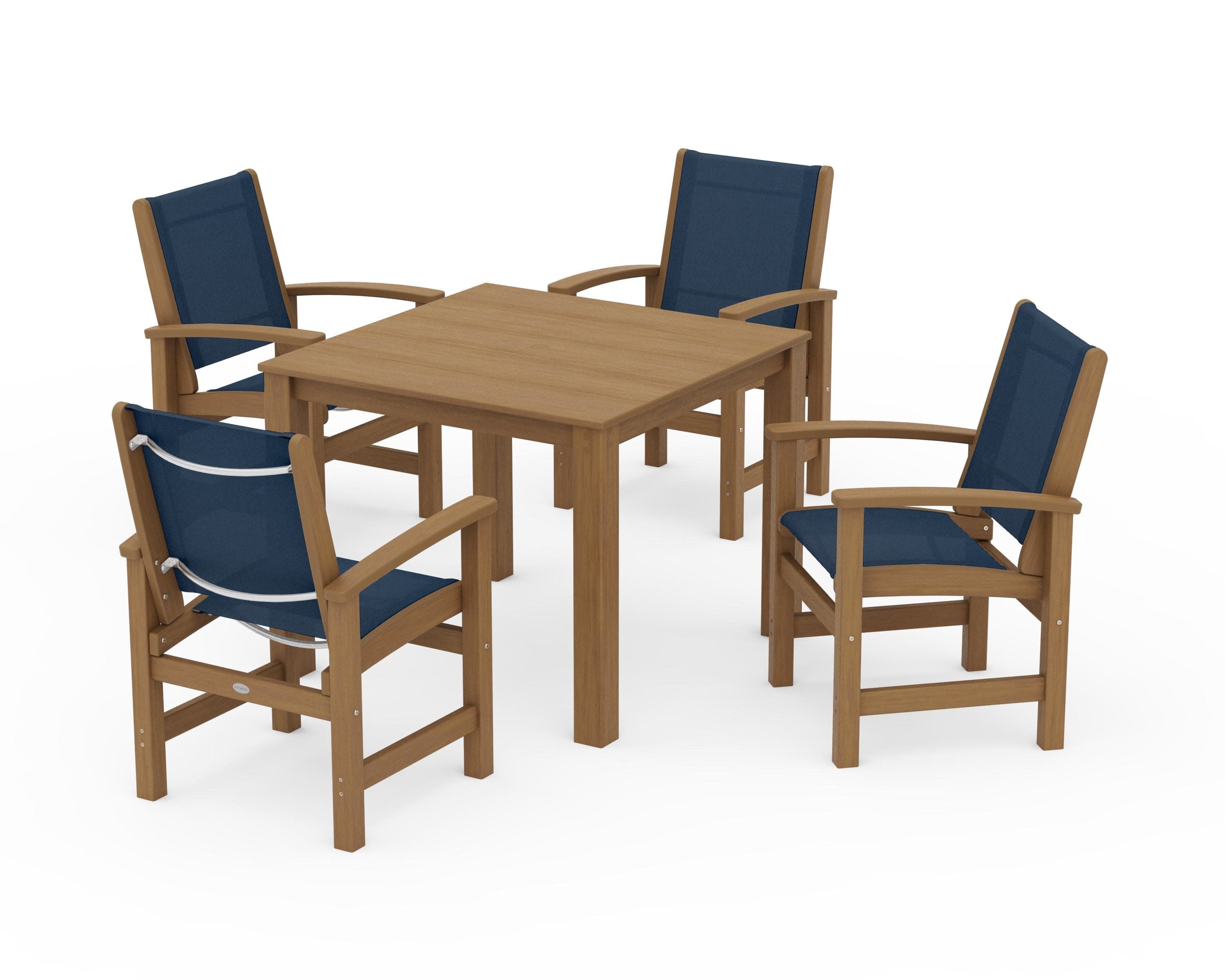 Coastal 5-Piece Parsons Dining Set in Natural / Navy Blue Sling