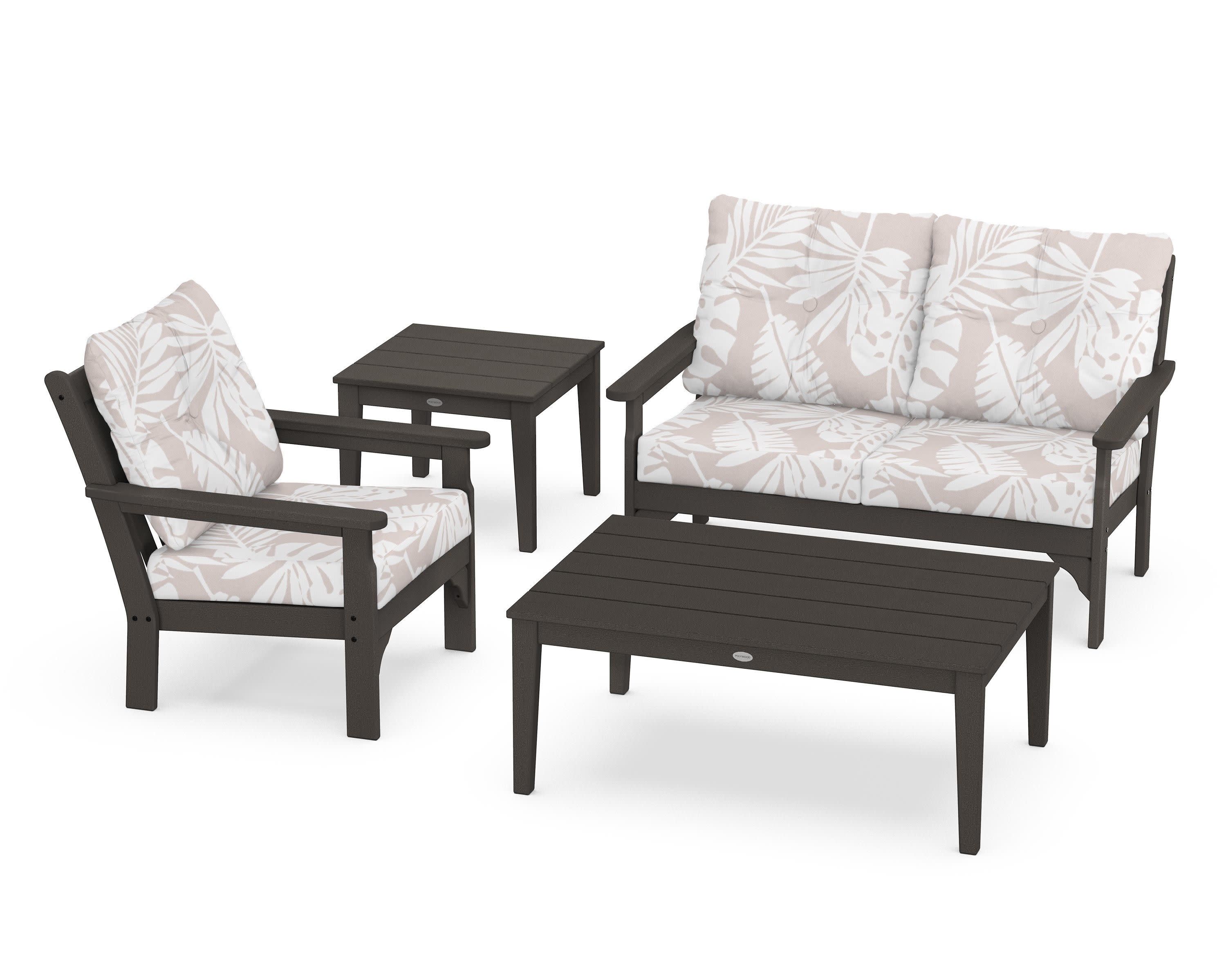 Vineyard 4-Piece Deep Seating Set in Vintage Coffee / Leaf Dune Burlap