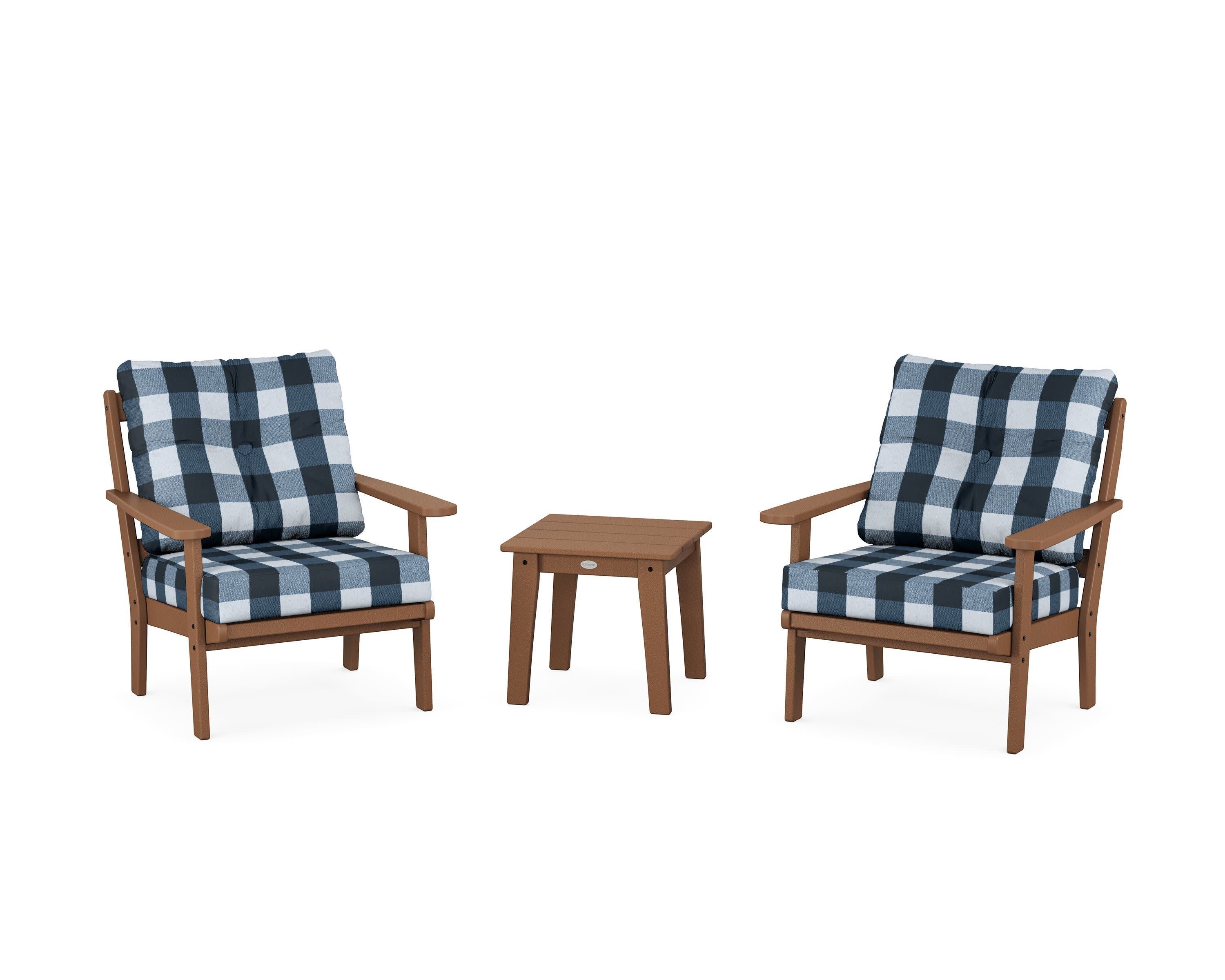 Mission 3-Piece Deep Seating Set in Teak / Buffalo Plaid Marine Indigo