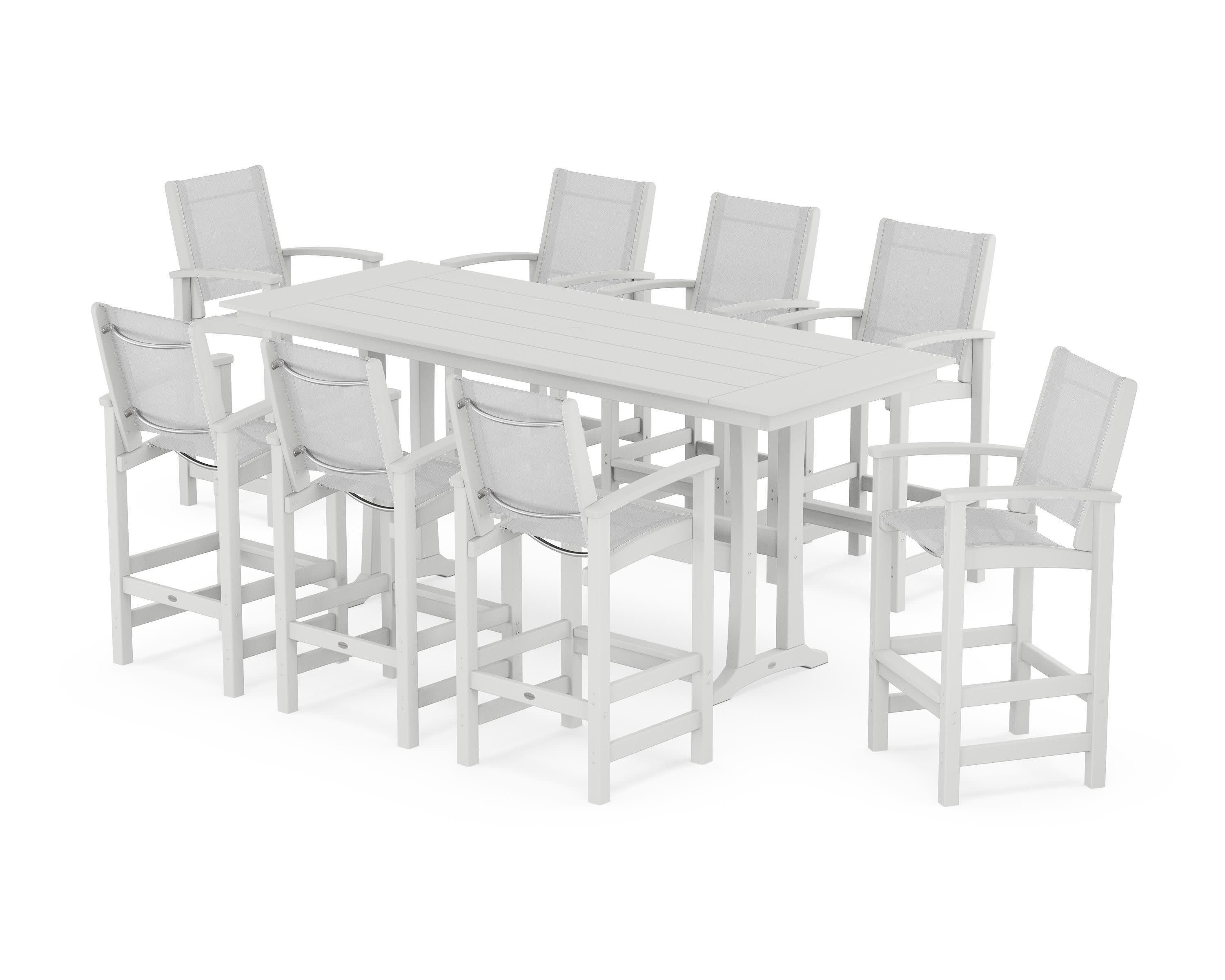Coastal 9-Piece Farmhouse Bar Set with Trestle Legs in White / White Sling