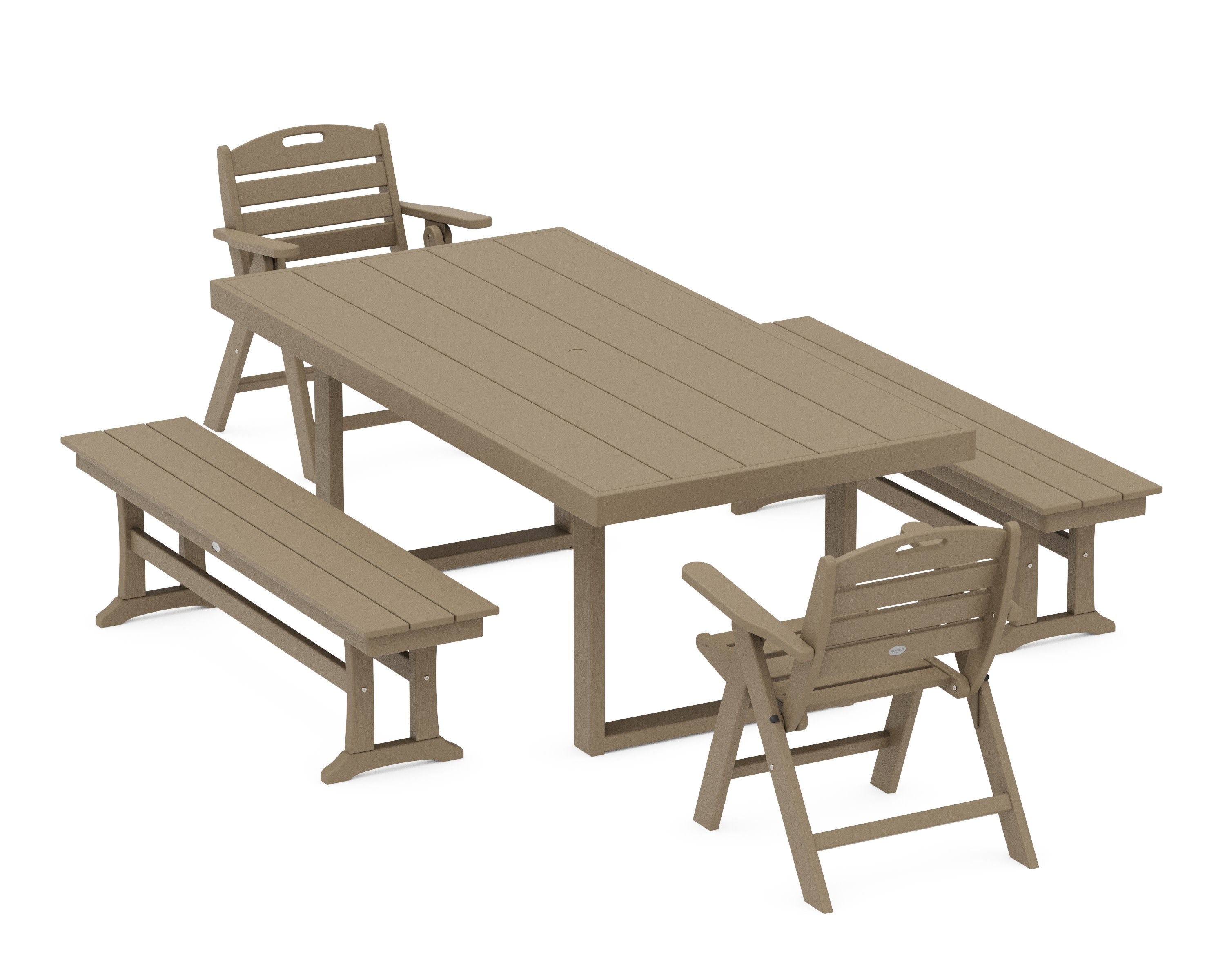 Nautical Lowback 5-Piece Dining Set with Benches in Vintage Sahara