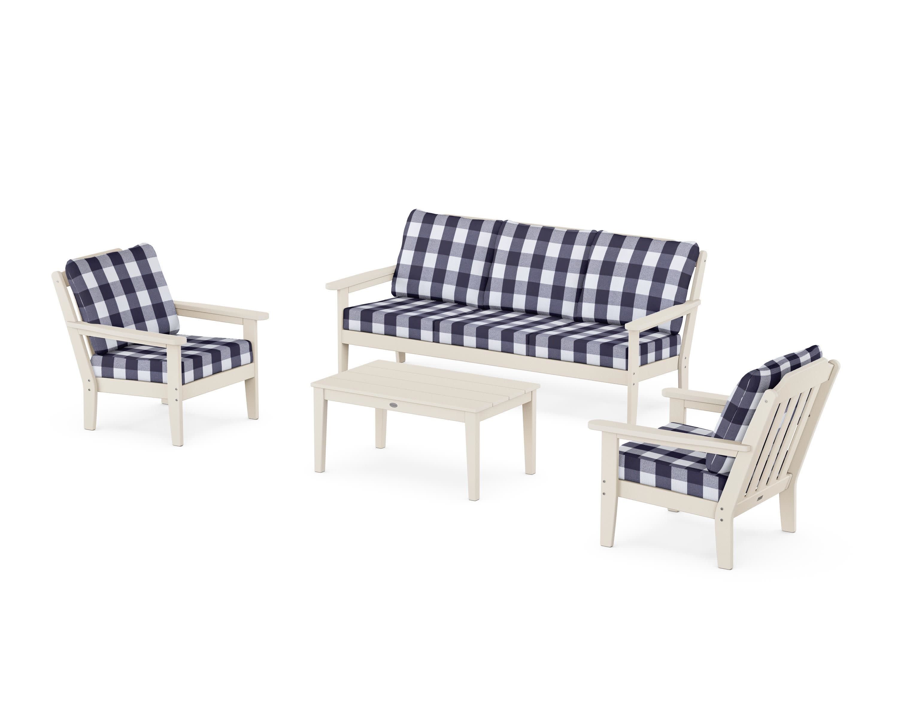 Cottage 4-Piece Deep Seating Set with Sofa in Sand / Buffalo Plaid Navy