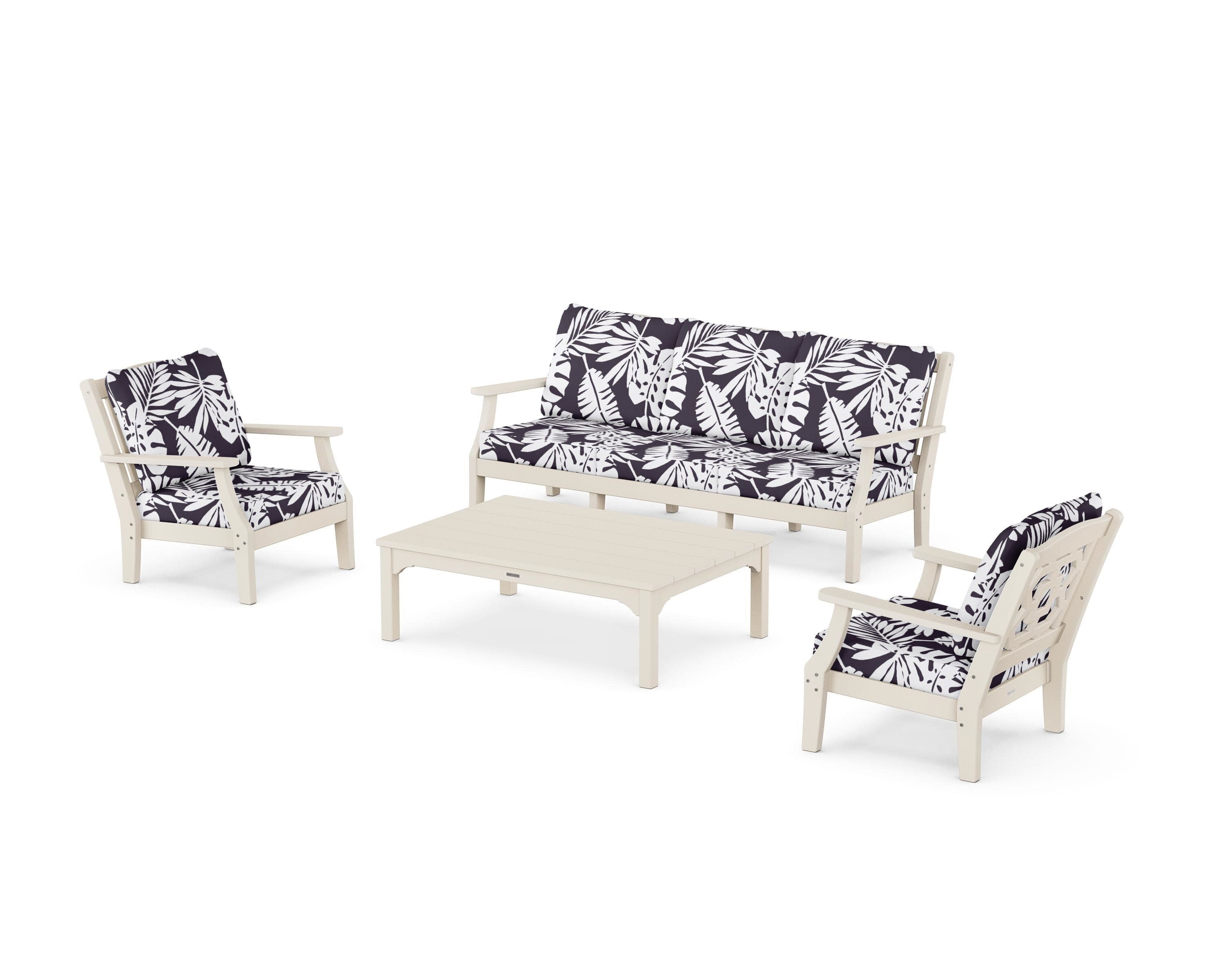 Chinoiserie 4-Piece Deep Seating Set with Sofa in Sand / Leaf Navy