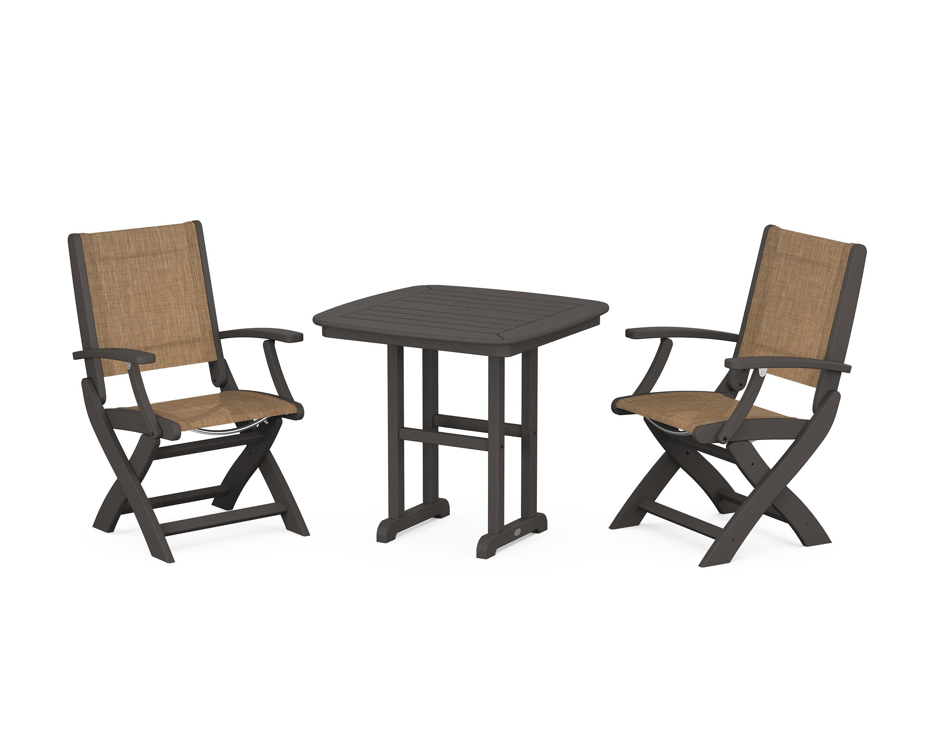 Coastal Folding Chair 3-Piece Dining Set in Vintage Coffee / Burlap Sling