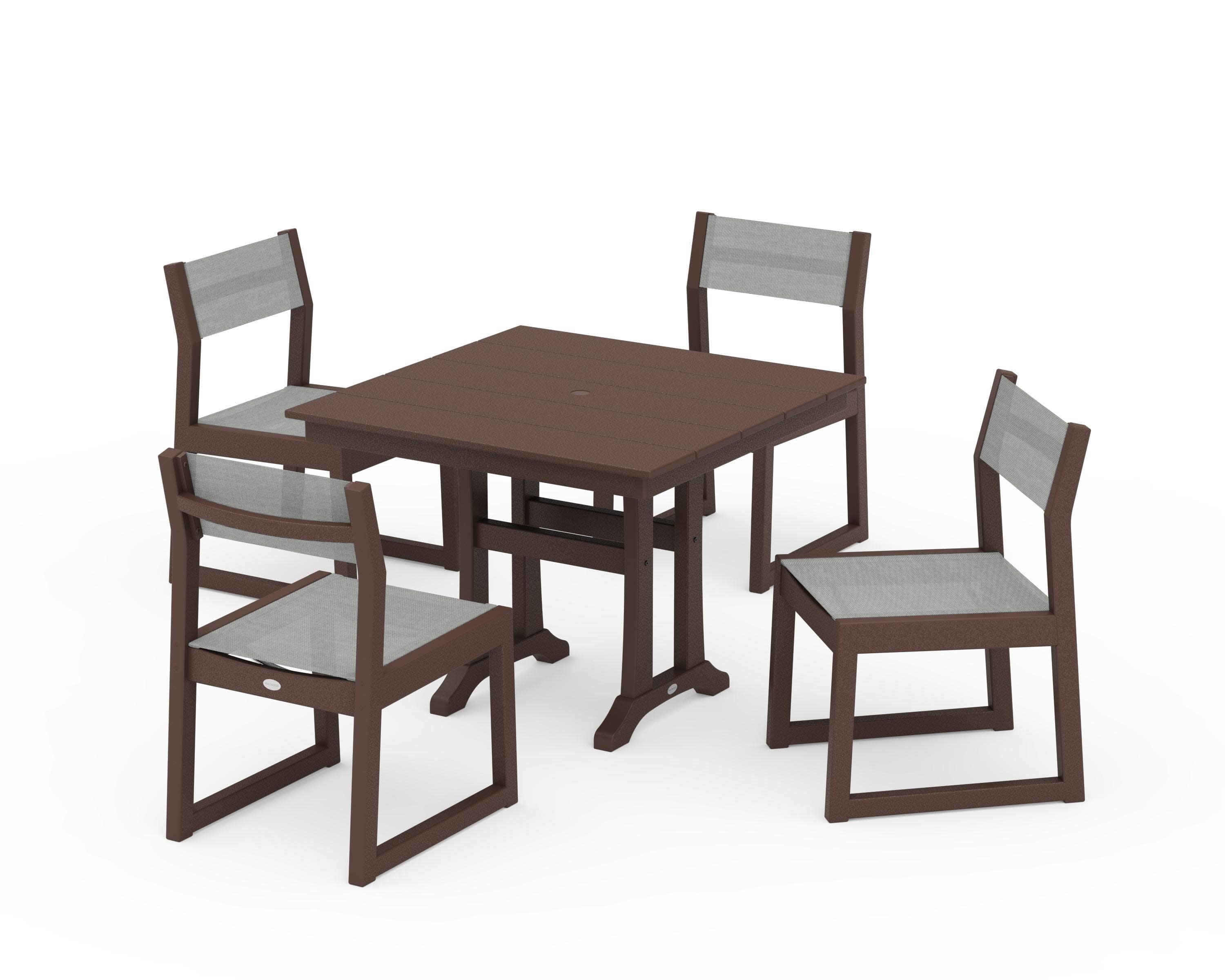 EDGE Sling 5-Piece Farmhouse Trestle Side Chair Dining Set in Mahogany / Metallic Sling