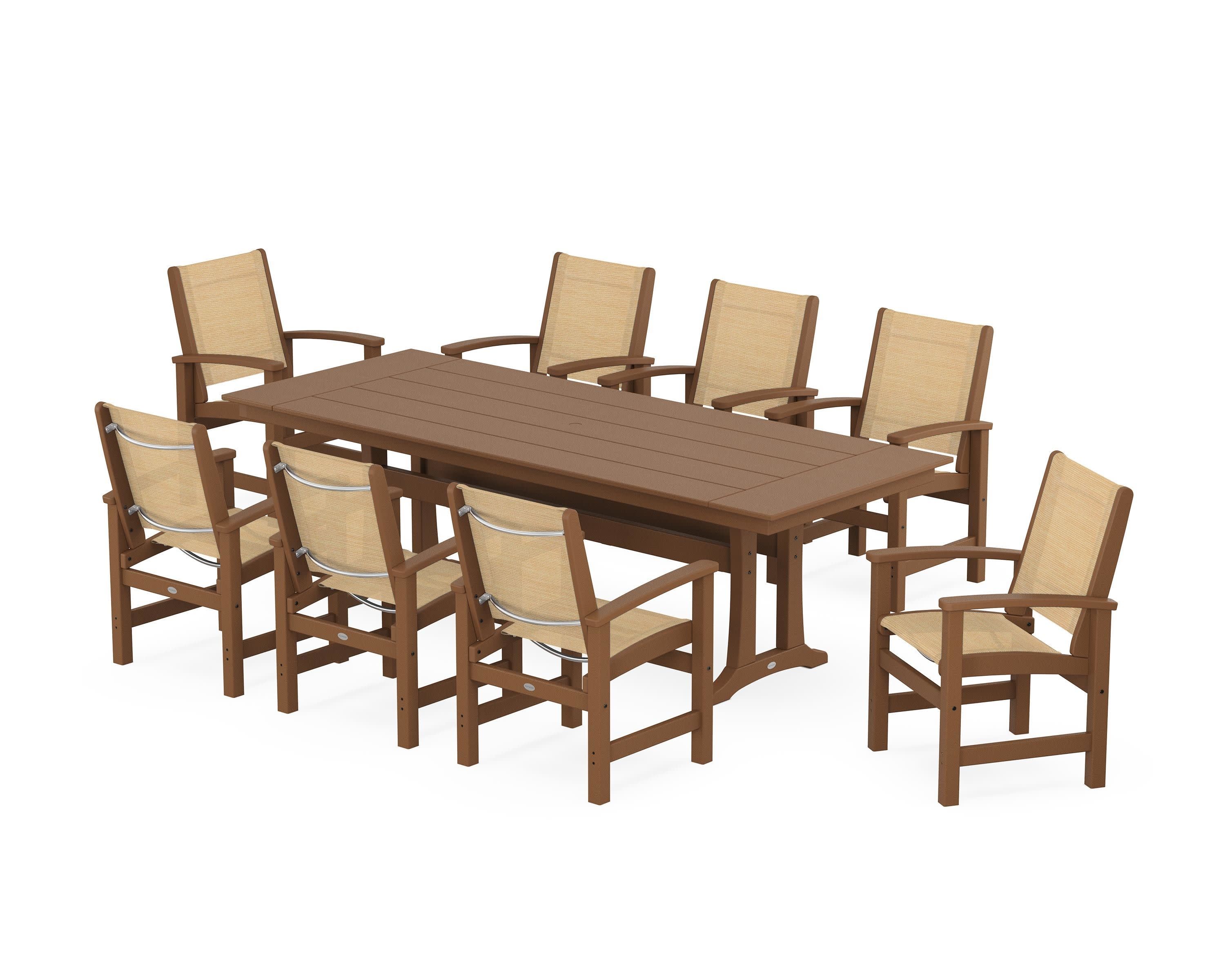 Coastal 9-Piece Farmhouse Dining Set with Trestle Legs in Teak / Dupioni Apricot Sling